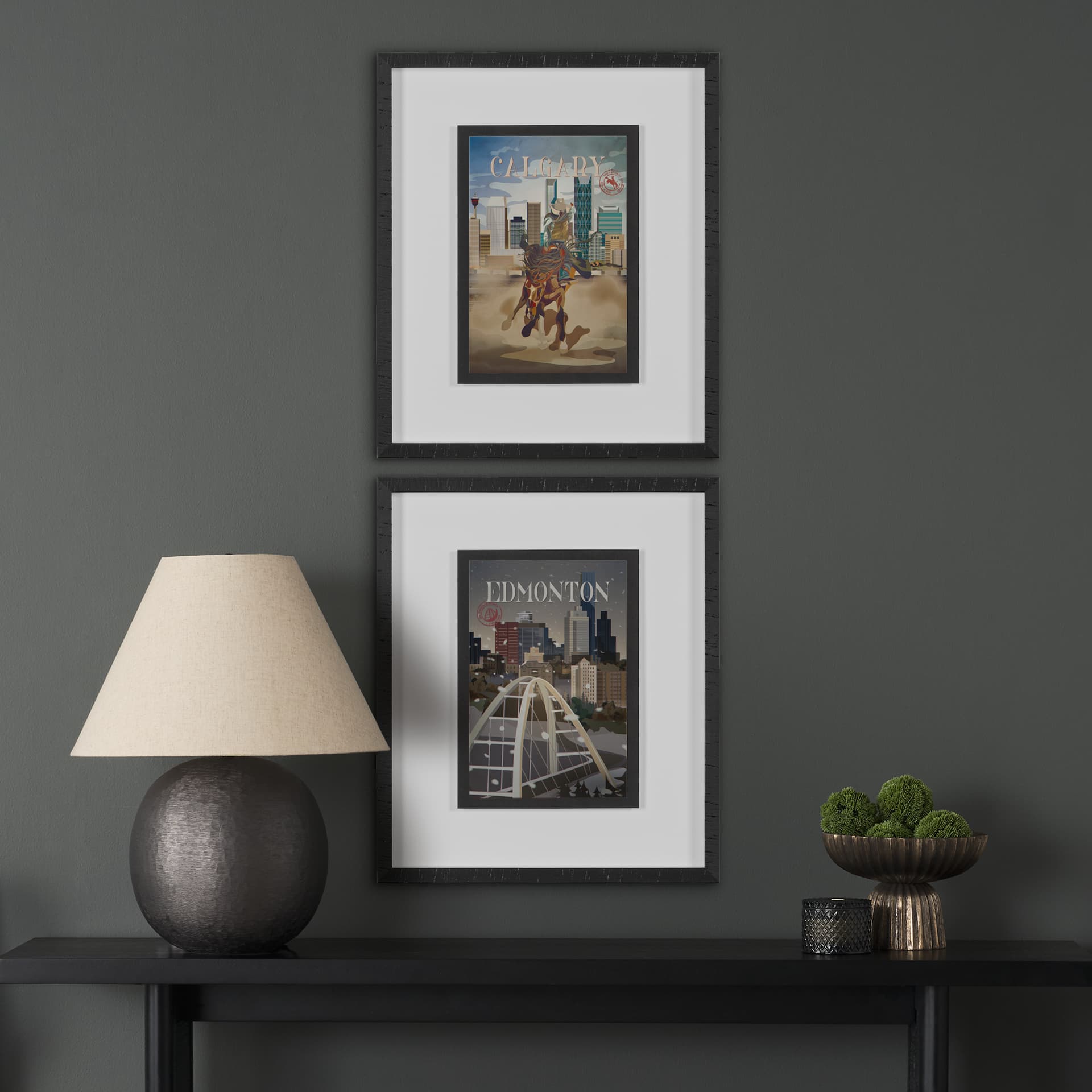 Calgary Go Canada (M) by Mercana Studio a Framed Art Print Matted under Glass — in a styled room