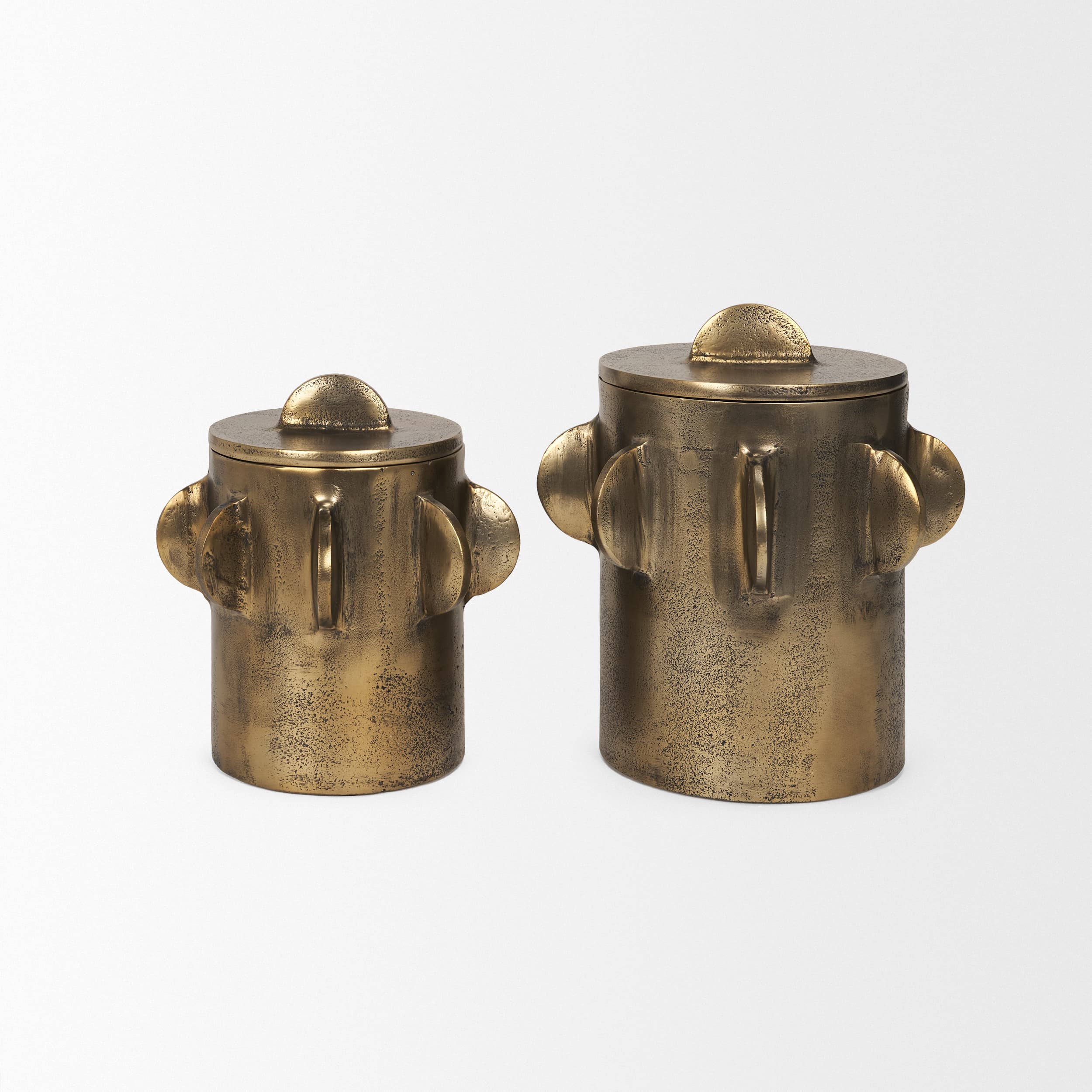 Deacon Large Antiqued Gold Metal Canister with Sculptural Handles — product photograph