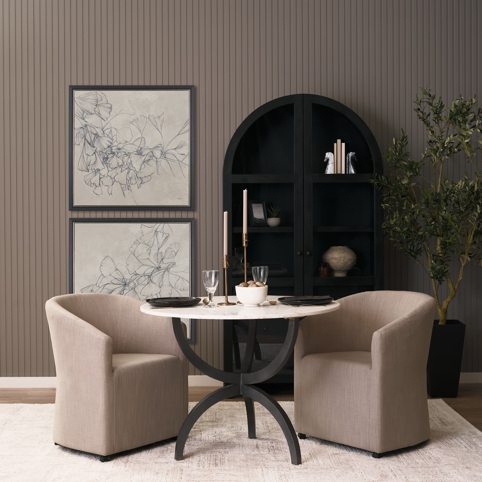 Sondra Barrel Back Dining Arm Chair | Gray Fabric w/ Wood — product photograph