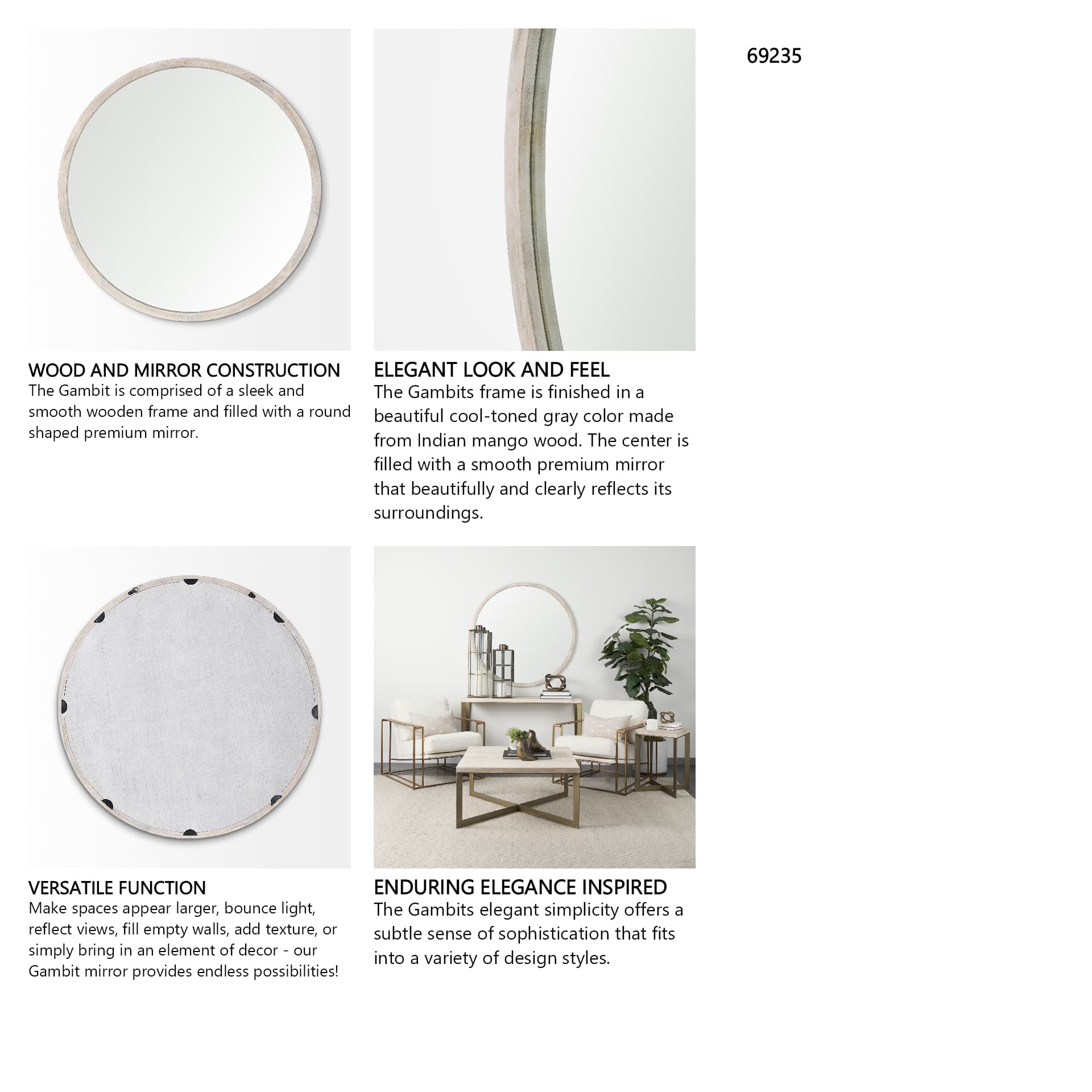 Gambit 46" Round White Wash Wood Frame Wall Mirror — in a styled room
