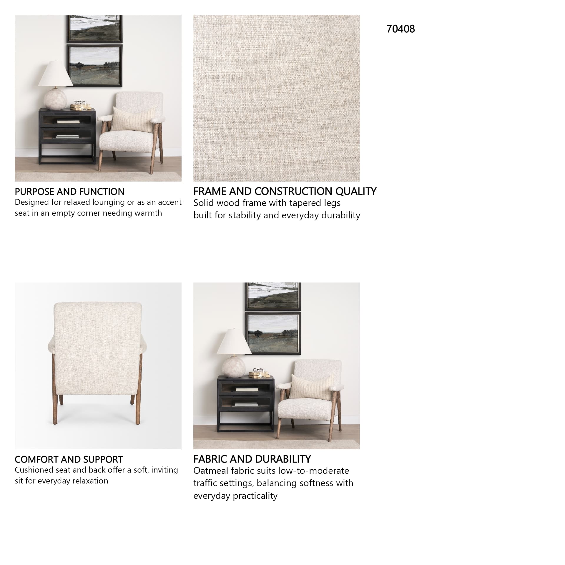 Nico Oatmeal Upholstered w/ Brown Wood Accent Chair — in a styled room
