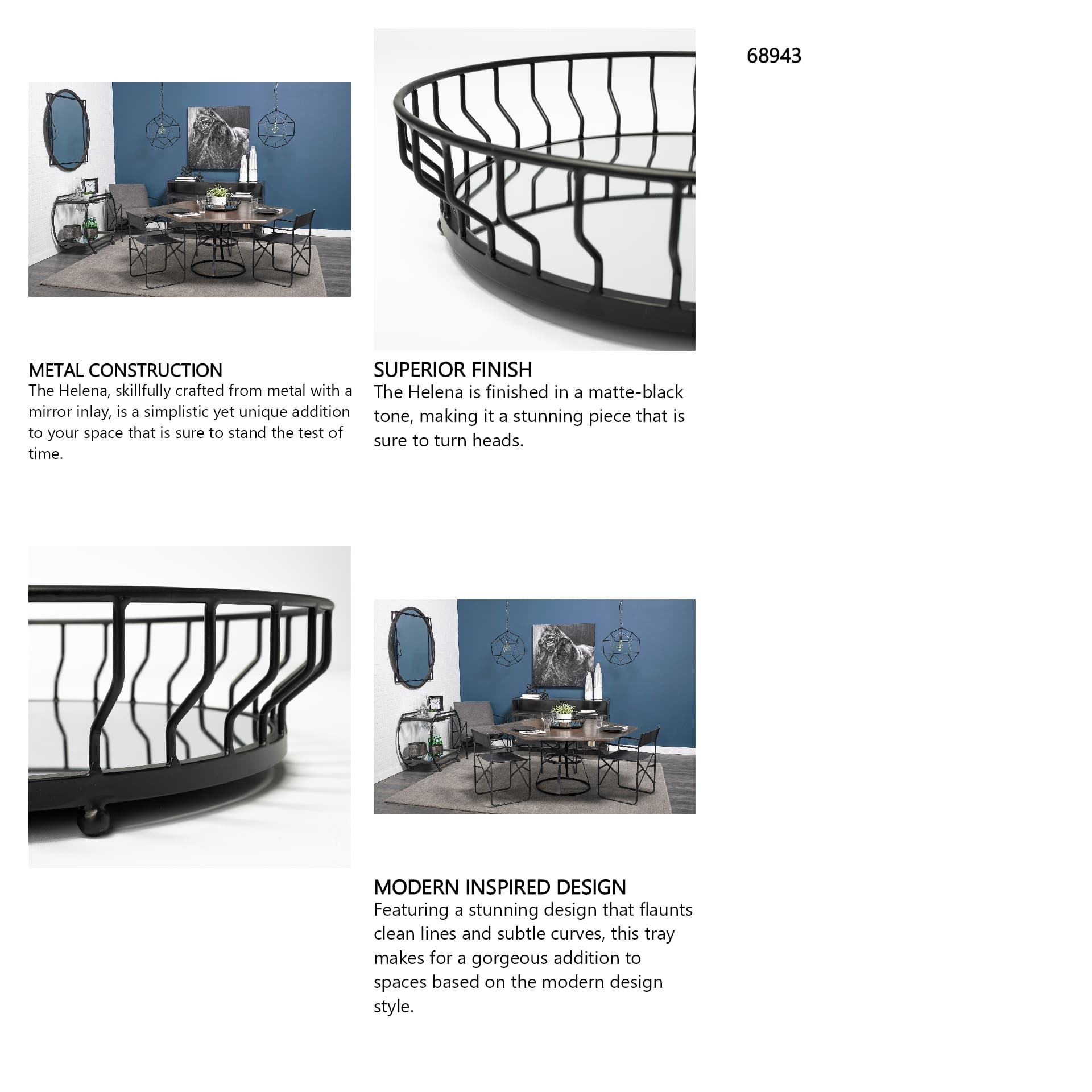 Helena 20L x 20W Black Metal Mirrored Bottom Round Serving Tray — in a styled room