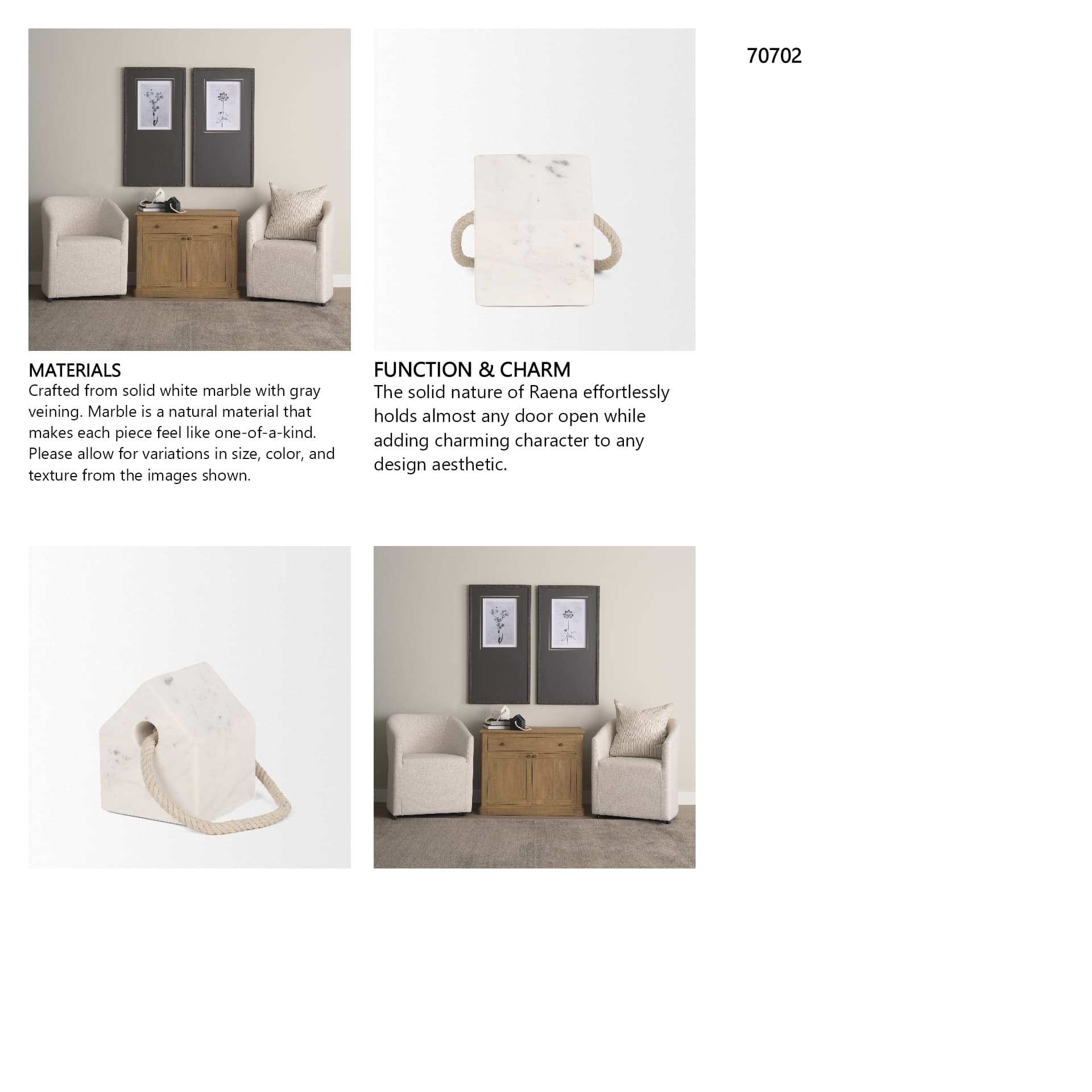 Raena White Marble House Door Stopper — in a styled room