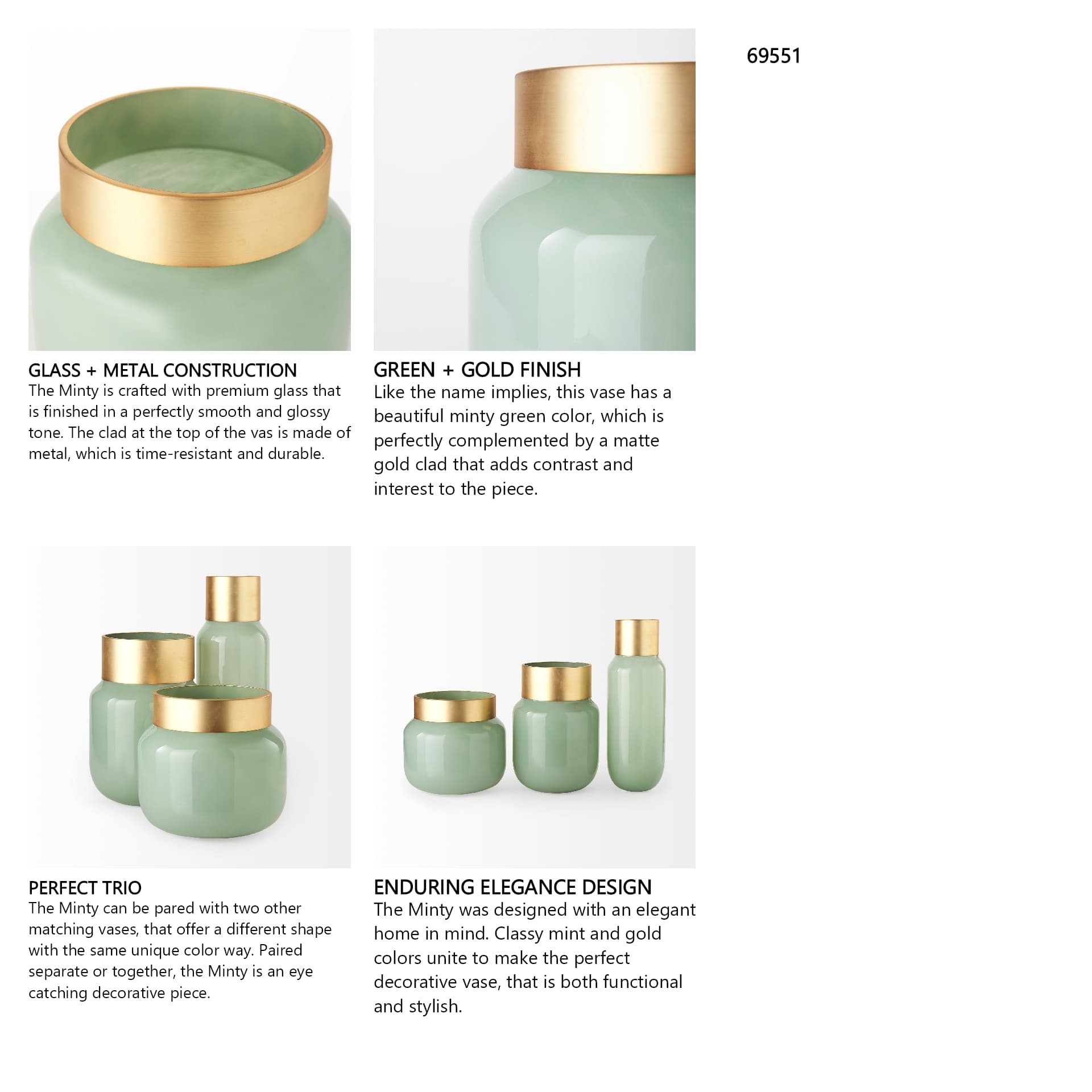 Minty 9.9L x 9.9W x 9.6H Green Glass Vase W/Matte Gold Metal Neck Cuff — in a styled room