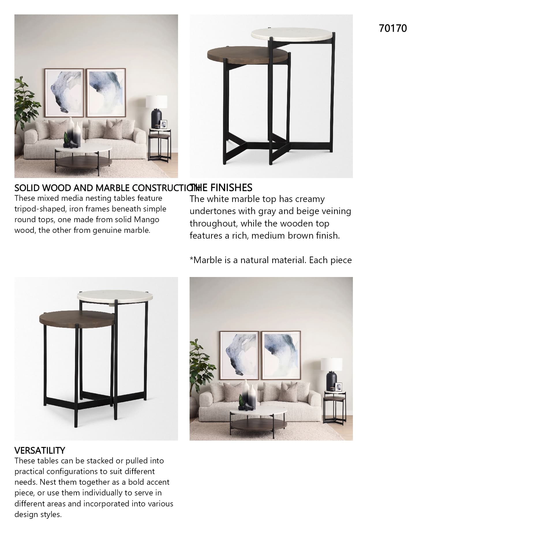 Larkin Marble & Dark Brown Wood Tabletop Nesting End/Side Tables — in a styled room