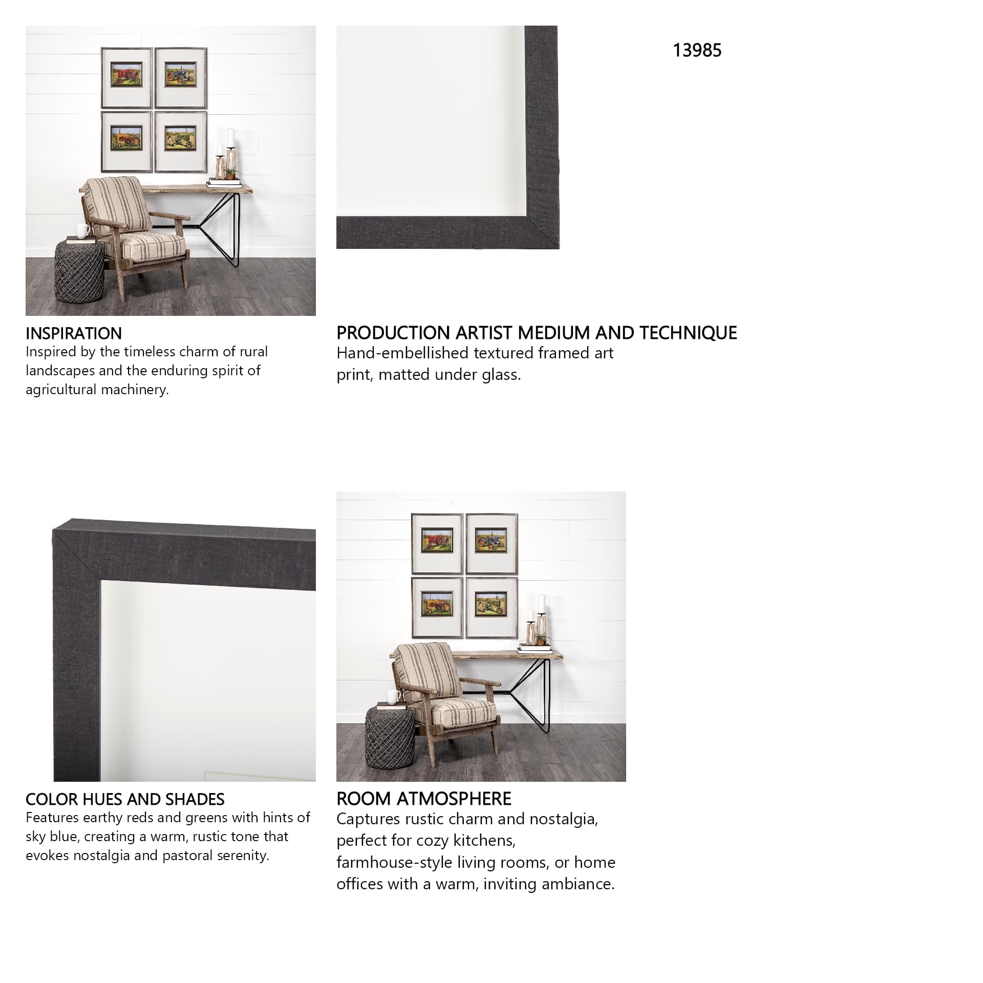 Rustic Tractors II by Mercana Studio a Hand Embellished Textured Framed Art Print Matted under Glass — in a styled room
