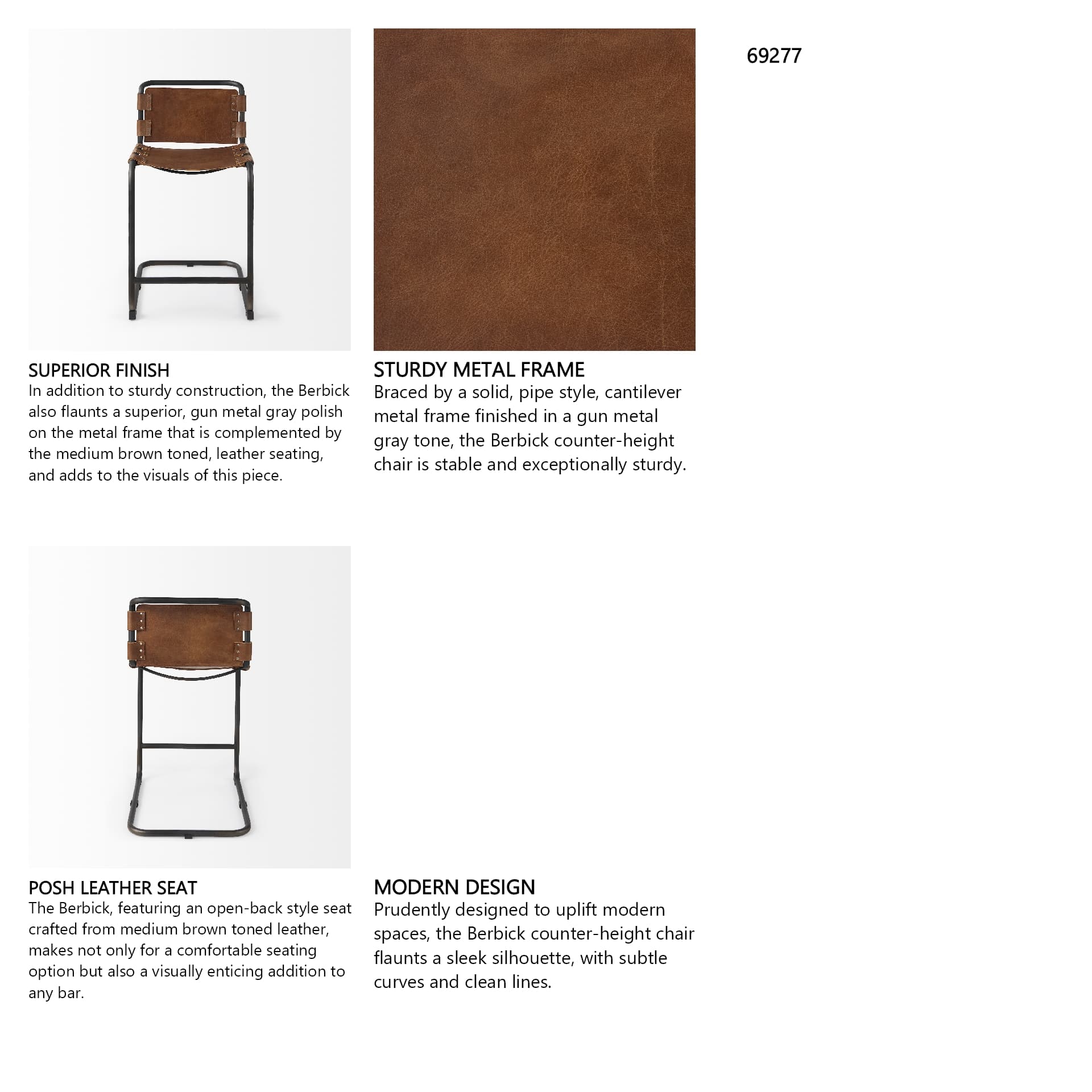 Berbick Low Back 26in Seat Counter Stool | Brown Leather w/ Gray Metal — product photograph