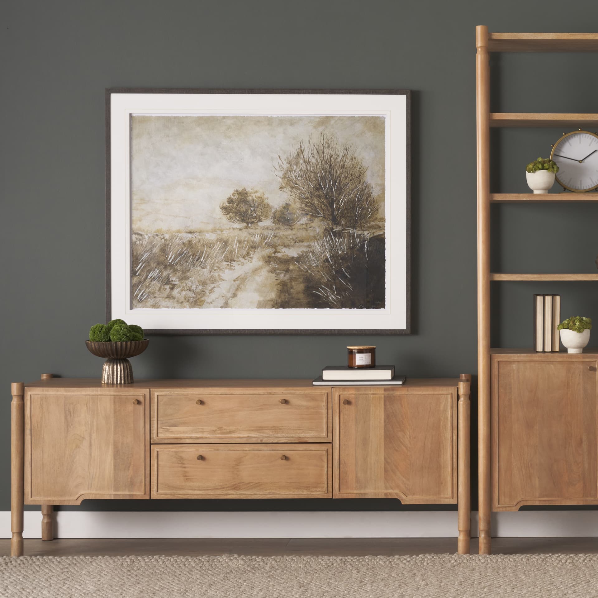 Phil Light Brown Wood 2 Door 1 Drawer w/ Pull Down Media Console — in a styled room