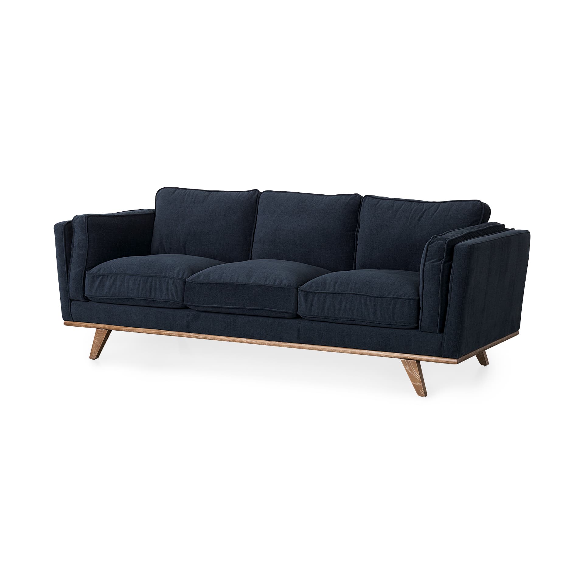 Brooks 90.2L x 34.8W x 33.5H Navy Blue Fabric Three Seater Sofa W/ Medium Brown Wooden Legs — product photograph