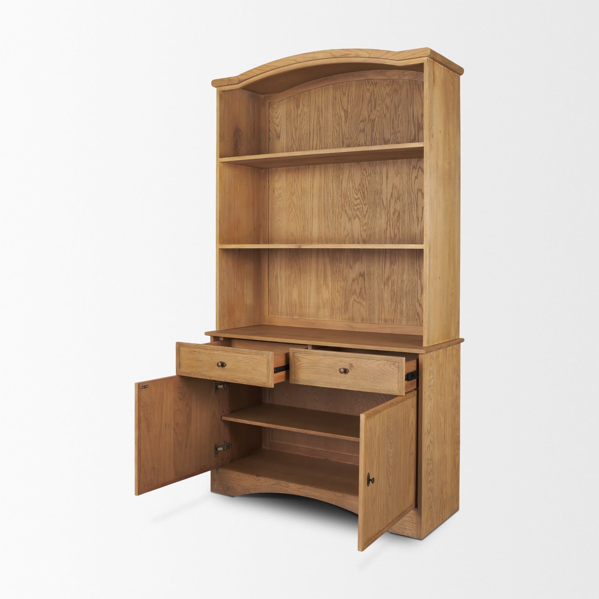 Carrington 85" Sideboard & Hutch | Brown Oak Wood w/ Brass Hardware — product photograph