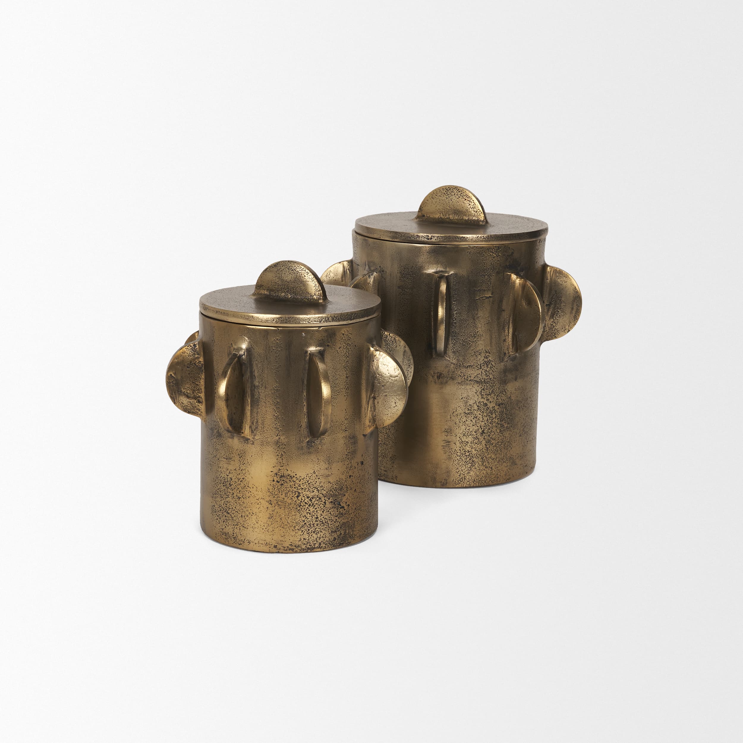 Deacon Large Antiqued Gold Metal Canister with Sculptural Handles — product photograph