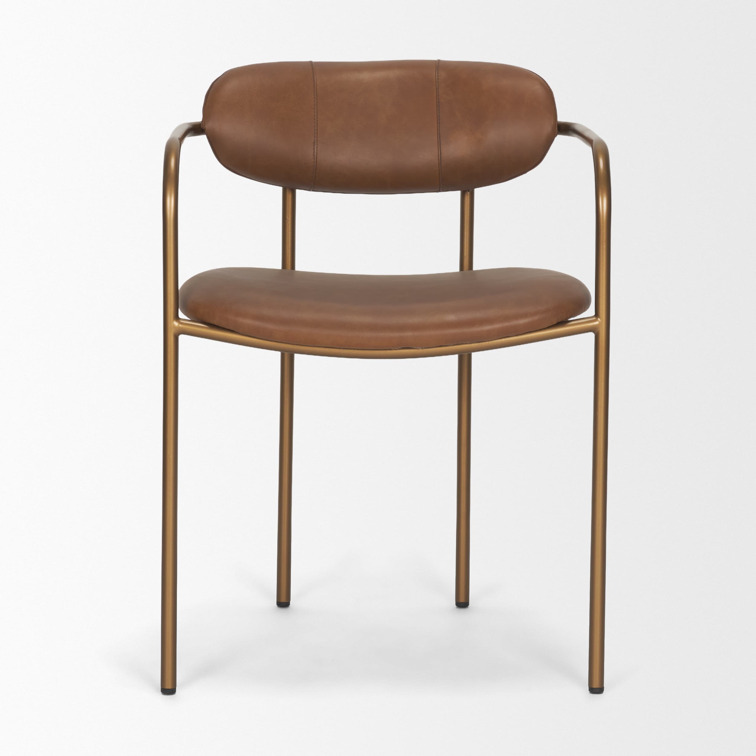 Parker Curved Back Dining Arm Chair | Brown Leather w/ Gold Metal — product photograph