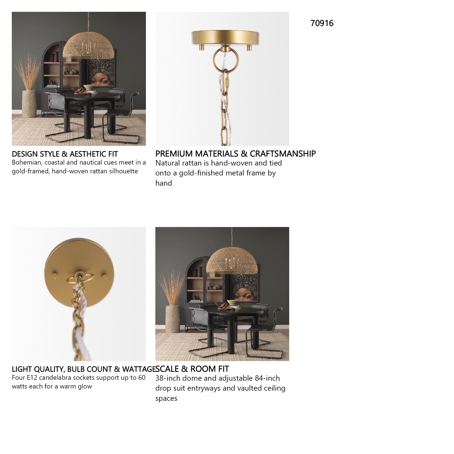 Thad 4-Light Natural Woven Rattan Dome Chandelier — in a styled room