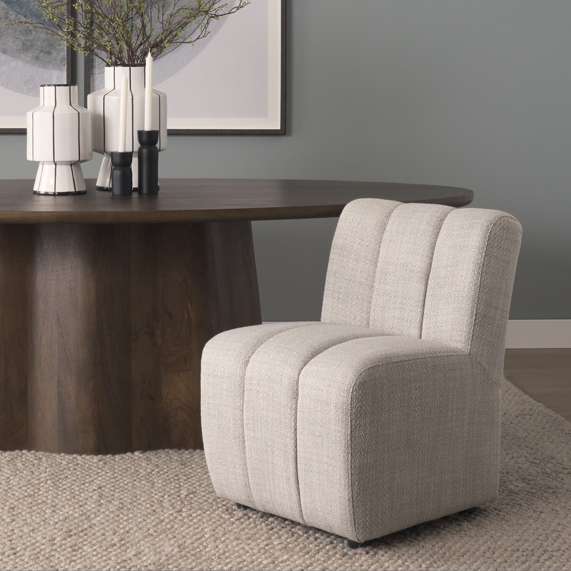 Wilkins Barrel Back Dining Arm Chair | Gray Fabric w/ Wood — product photograph