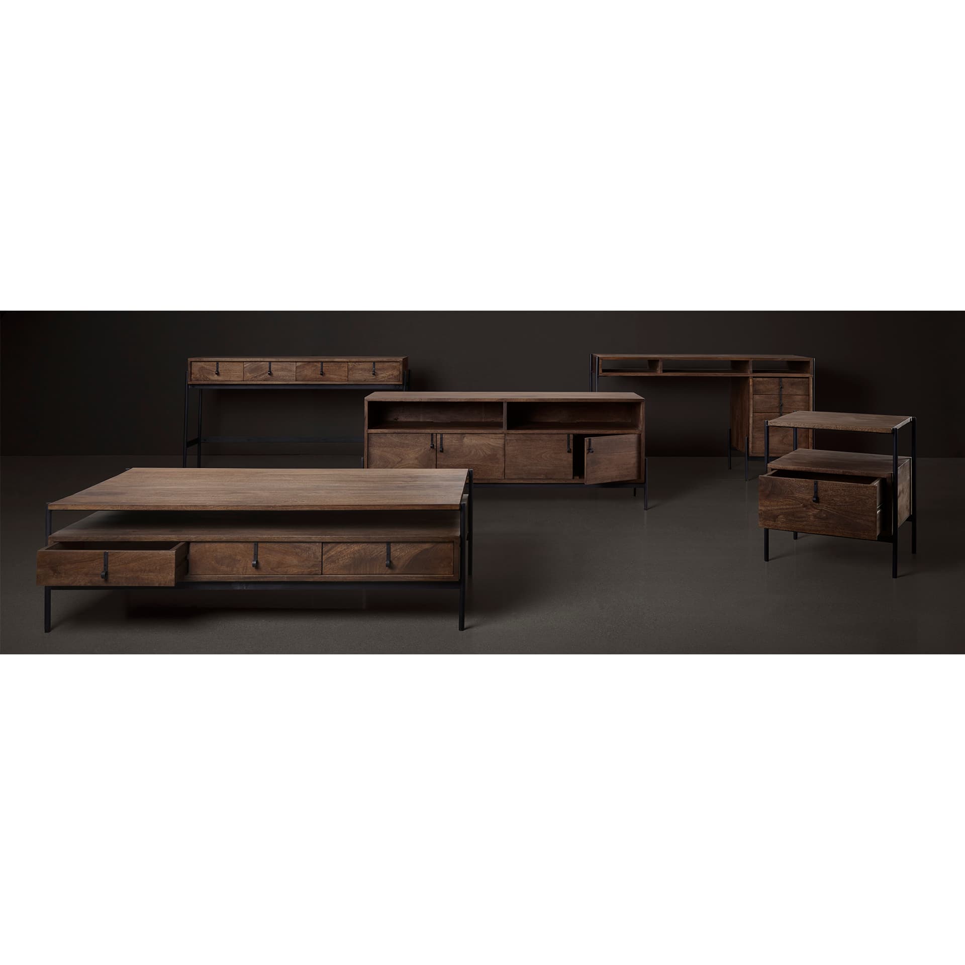 Glenn II 54x30 Dark Brown Wood w/ Black Iron Frame, Rectangle 3 Drawers Coffee Table — product photograph