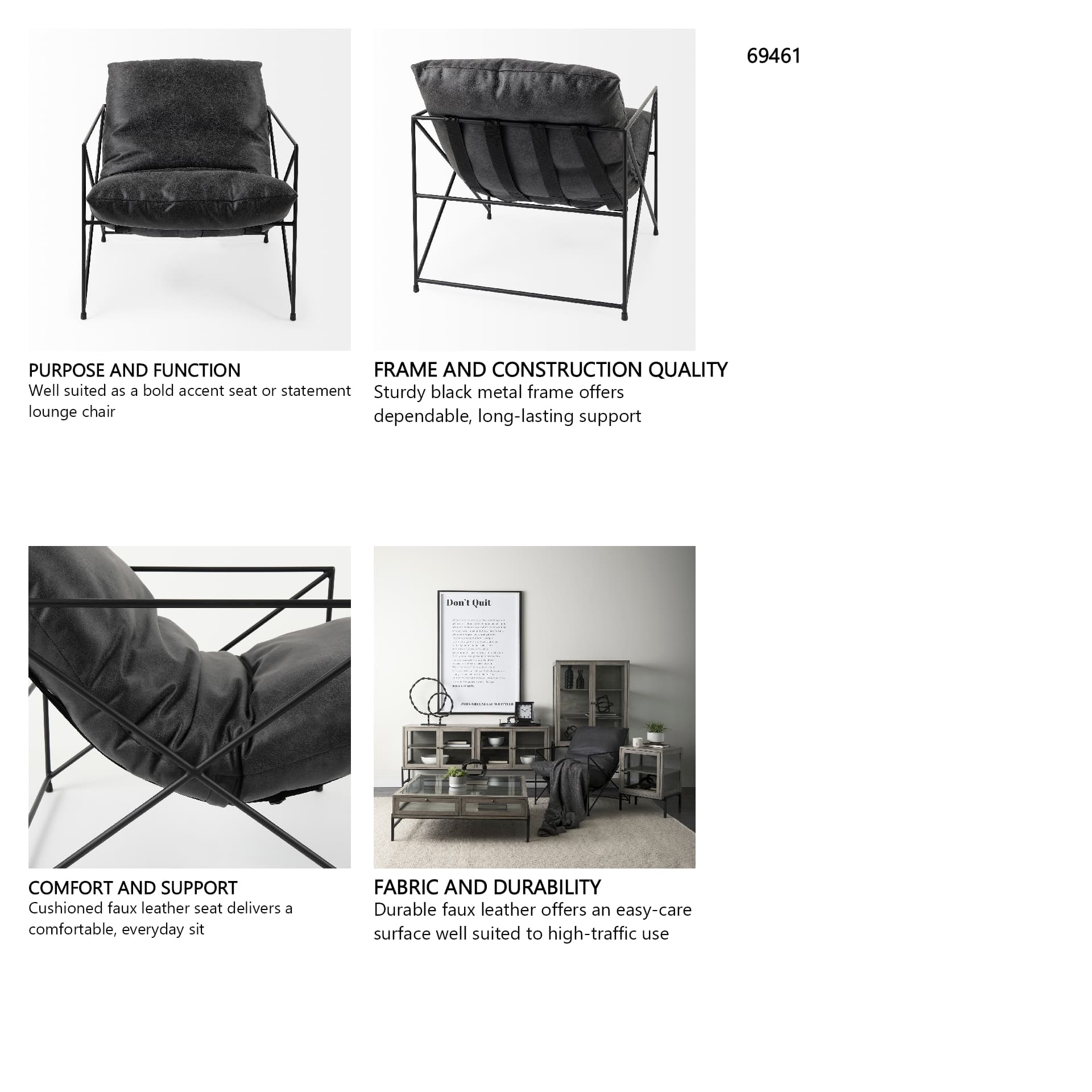 Leonidas 28.5L x 29.5W x 34.0H Black Faux Leather Seat W/ Black Metal Frame Accent Chair — in a styled room