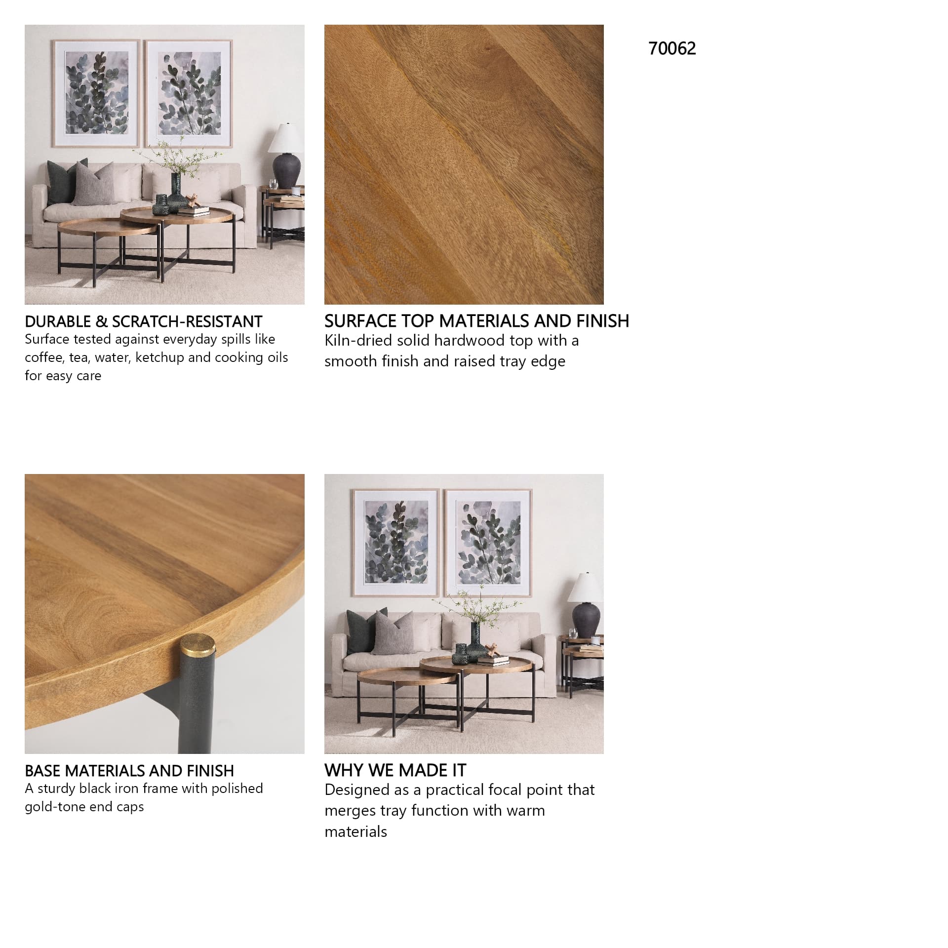 Marquisa 42" Round Medium Brown Wood W/Black Metal Large Coffee Table — in a styled room
