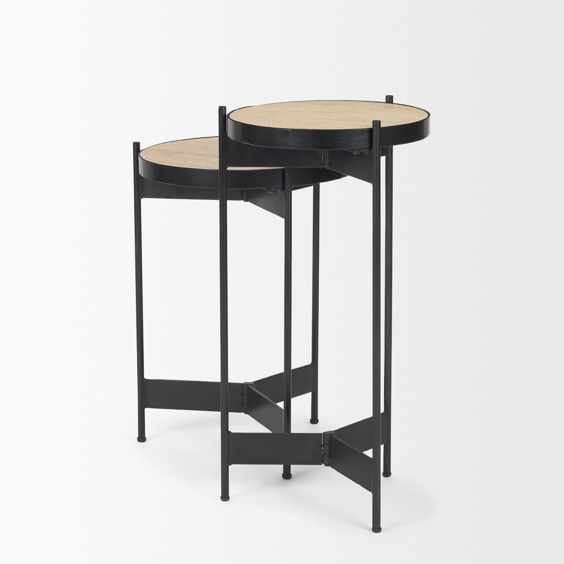 Wade Travertine Marble w/ Matte Black Metal End Tables — product photograph