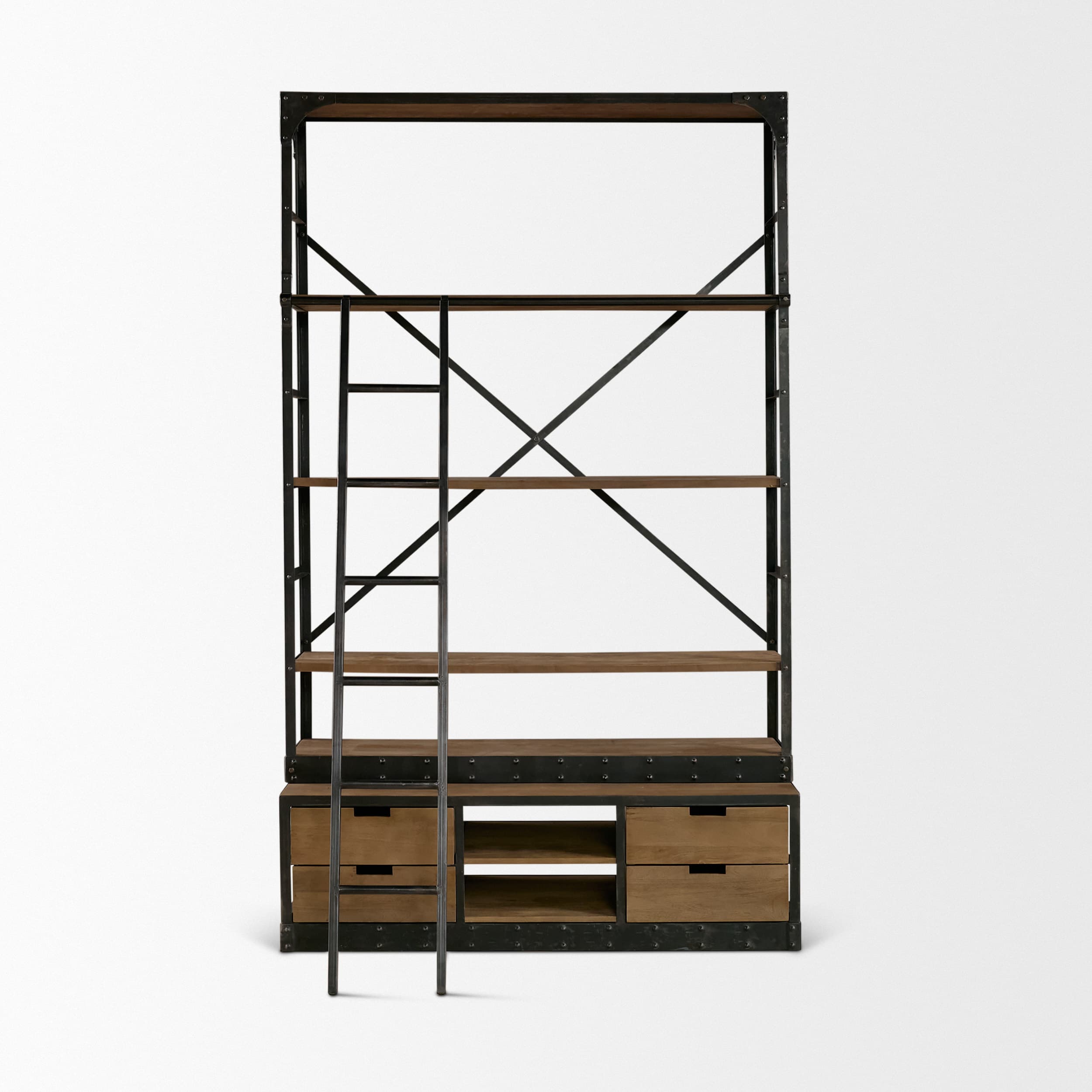 Brodie VIII 57L x 20.5W x 94H Brown Wood Gun-Metal Ladder Four Shelf Shelving Unit — product photograph