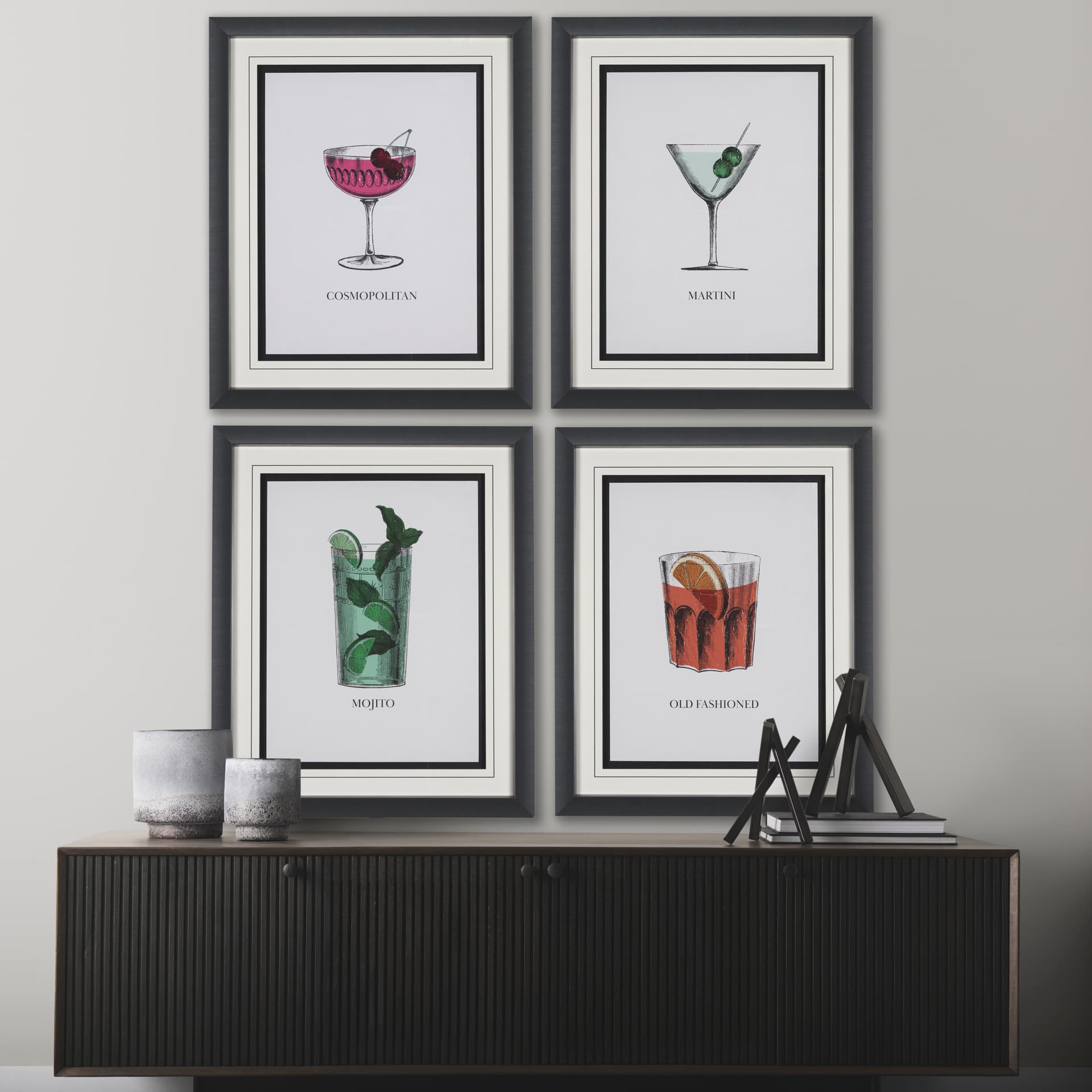 Vintage Cocktails-Cosmo by Gwen Aspell Hand Embellished Textured Framed Art Print Matted under Glass — in a styled room