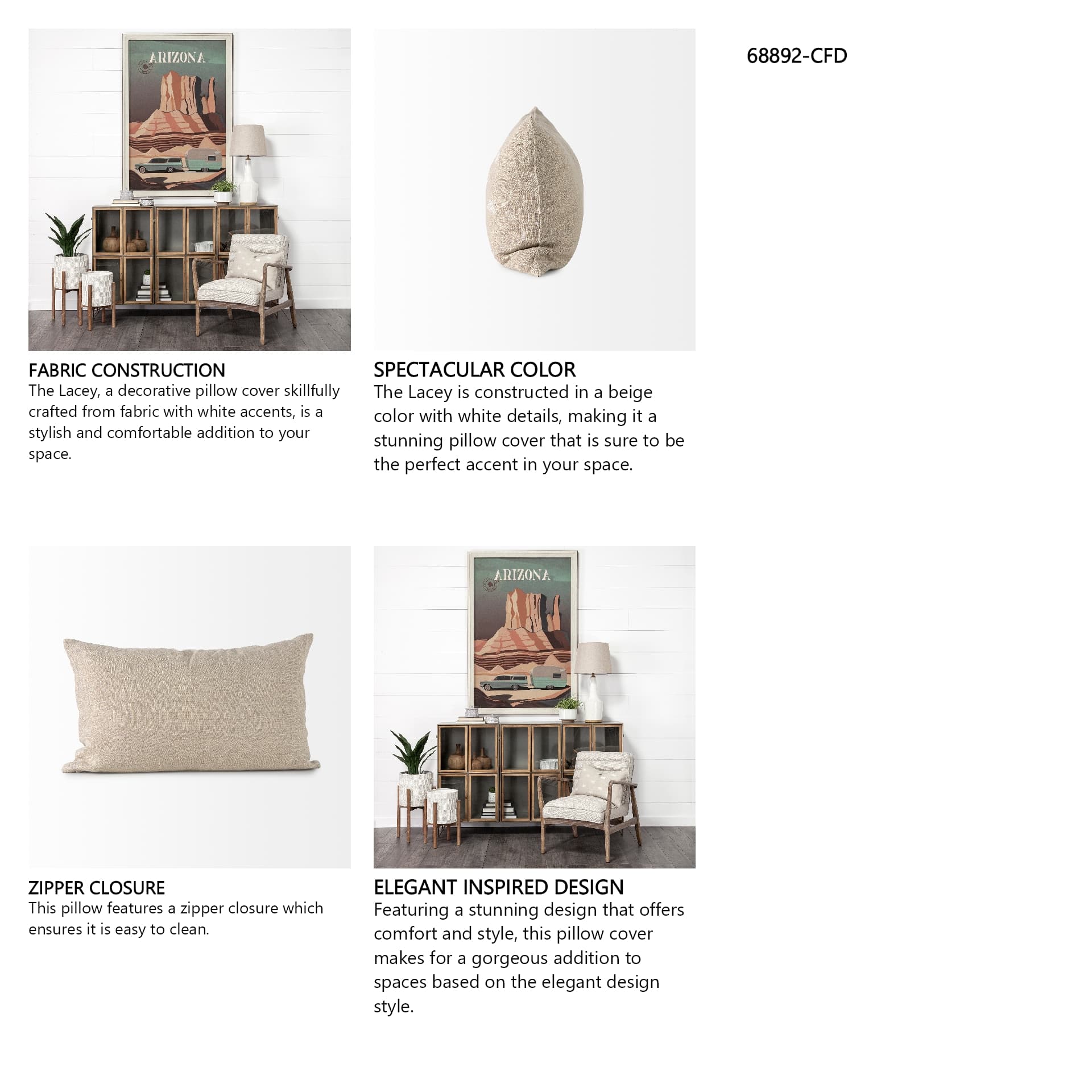 Lacey 13x21 Beige/White Decorative Pillow Cover w/Down Filler — in a styled room