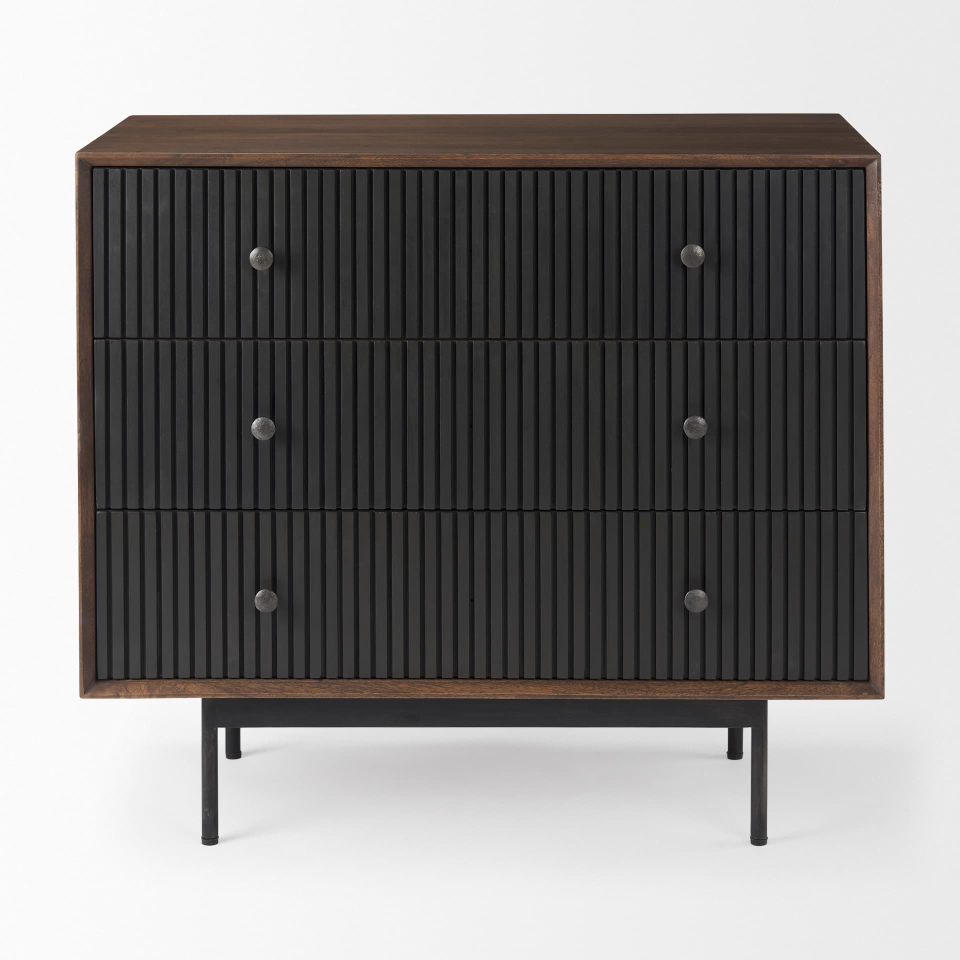 Grace 35.5L x 18.0W x 31.0H Medium Brown Wood W/Black Metal Frame 3 Drawer Accent Cabinet — product photograph
