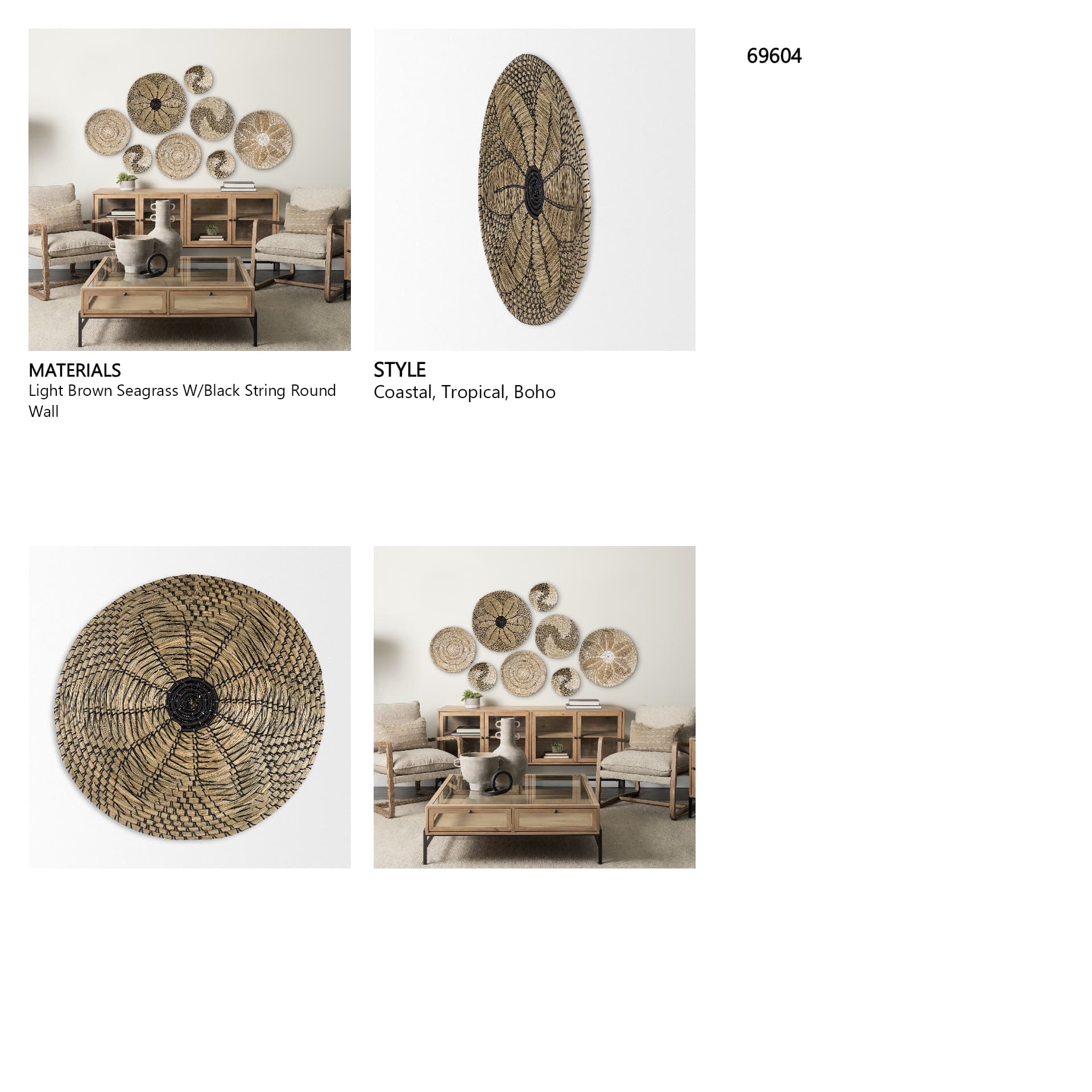 Mekhi 24.0L x 24.0W x 3.5 Light Brown Seagrass W/Black String Round Wall Hanging Plate — in a styled room
