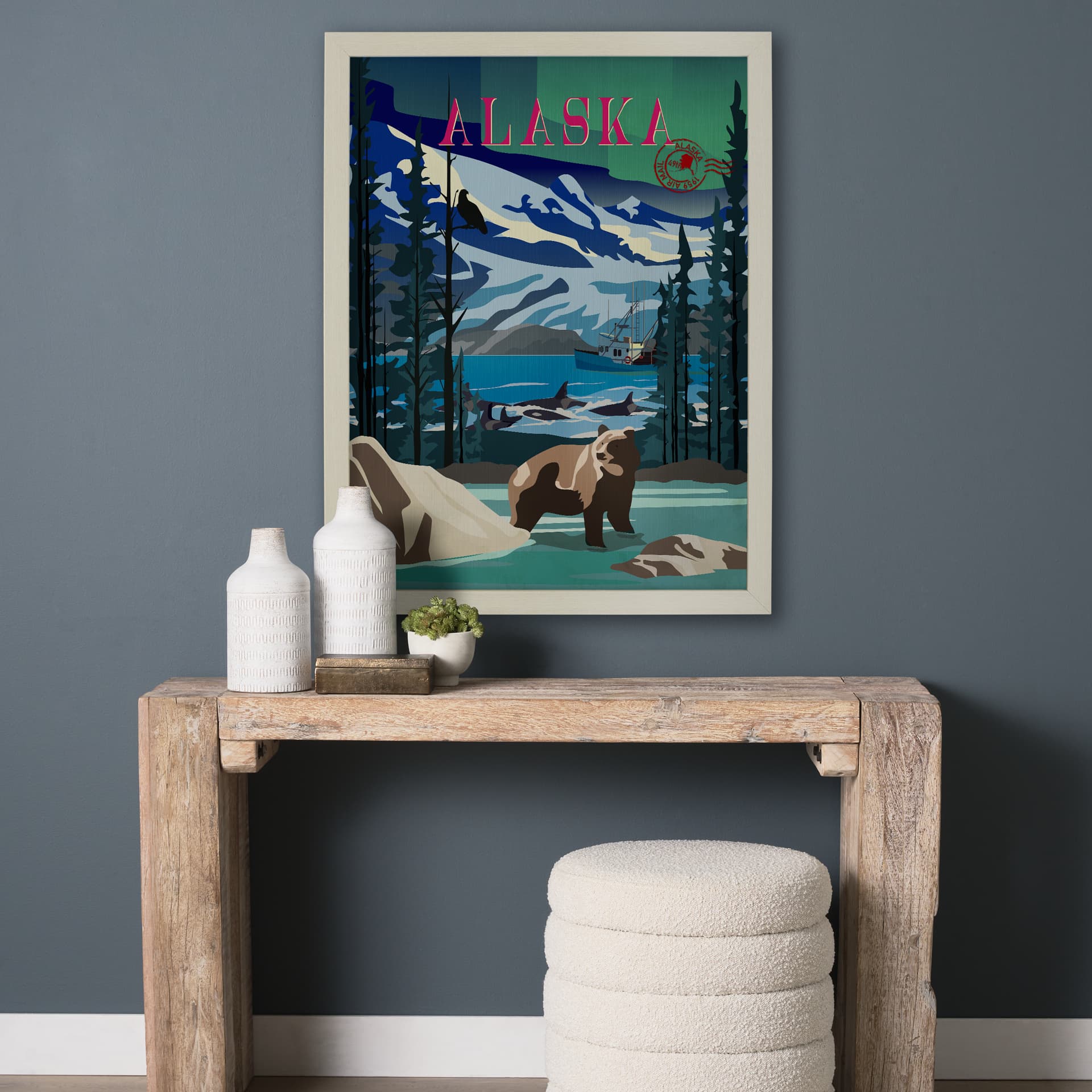 Alaska Go USA (L) by Mercana Studio a Hand Embellished Decograph Framed Art Print — in a styled room
