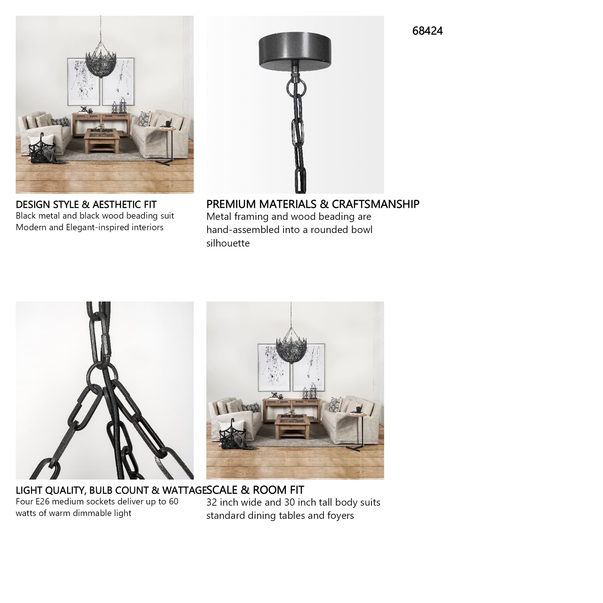Liam I 32x30 Black Wooden Bead Bowl-Style Four Bulb Chandelier — in a styled room