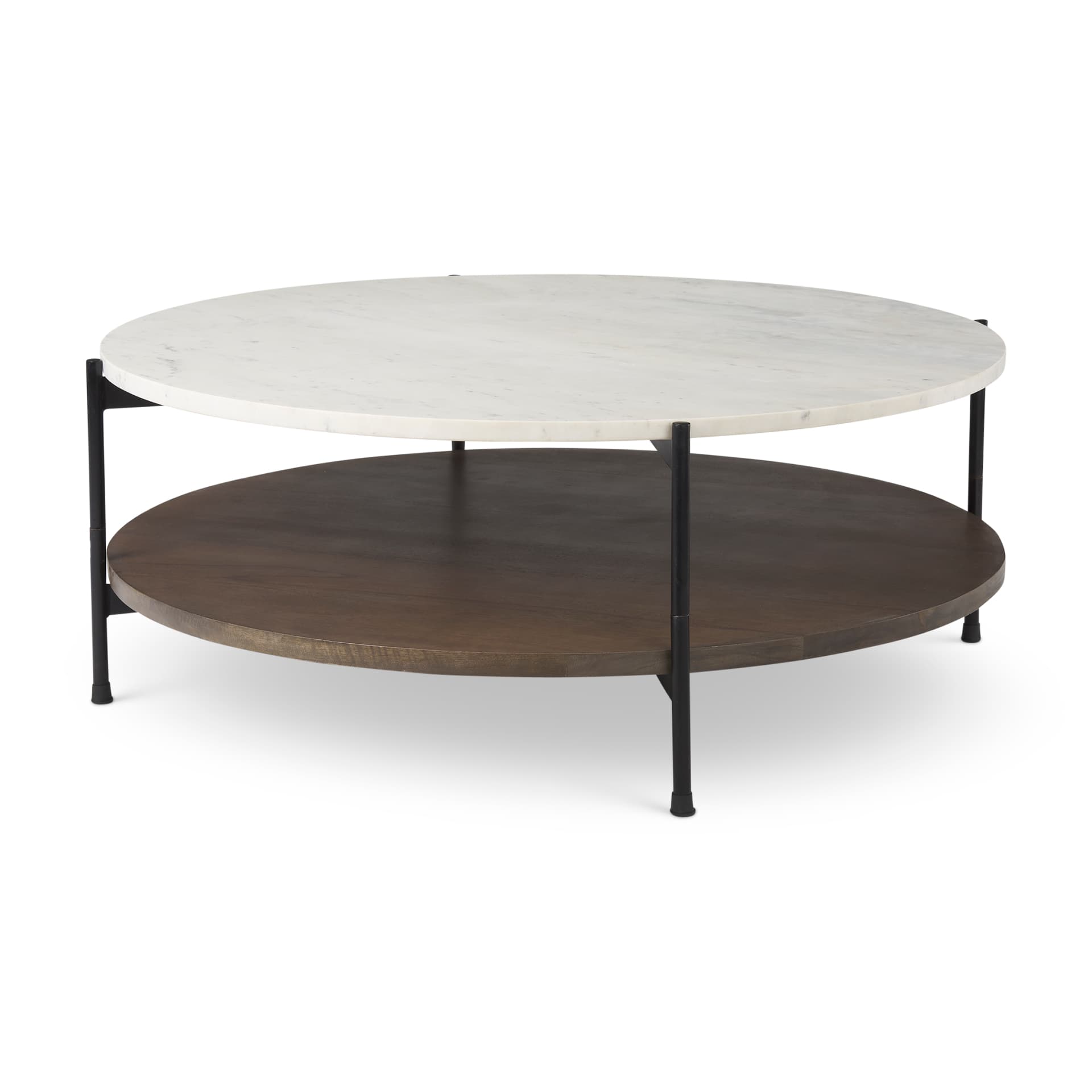 Larkin 42" Round Two-Tier White Marble Top and Solid Wood Shelf w/ Black Metal Frame Coffee Table — product photograph