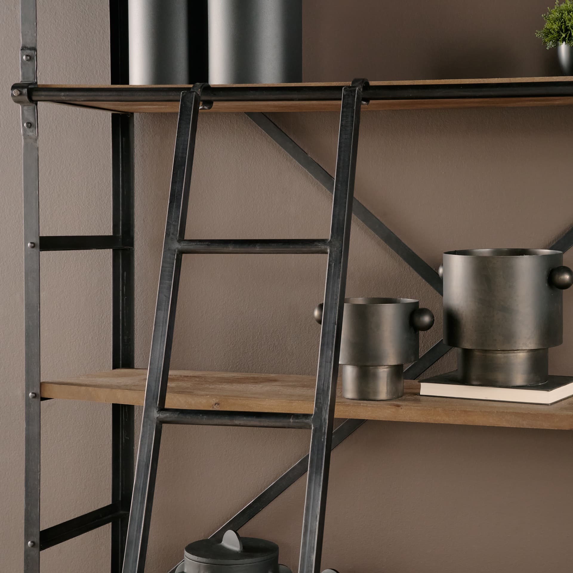 Brodie VIII 57L x 20.5W x 94H Brown Wood Gun-Metal Ladder Four Shelf Shelving Unit — product photograph