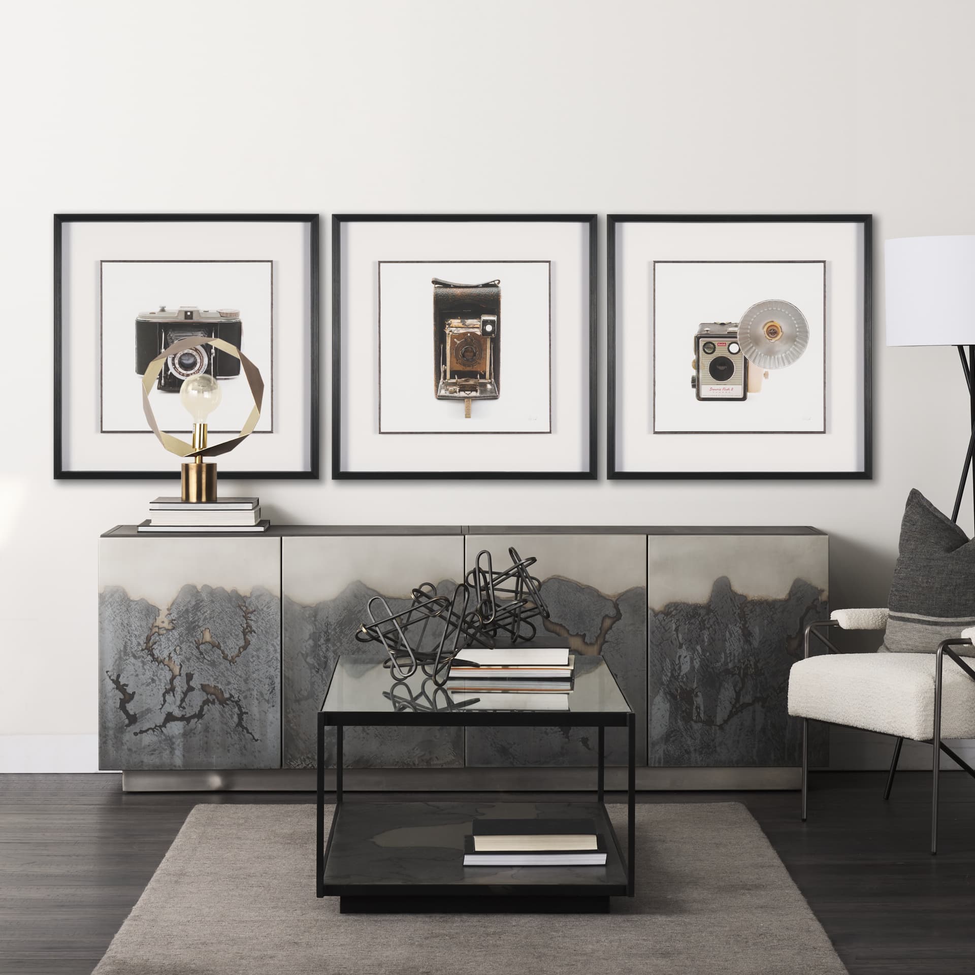 Camera by Deborah Revell Hand Embelished Framed Art Print Matted under Glass — in a styled room