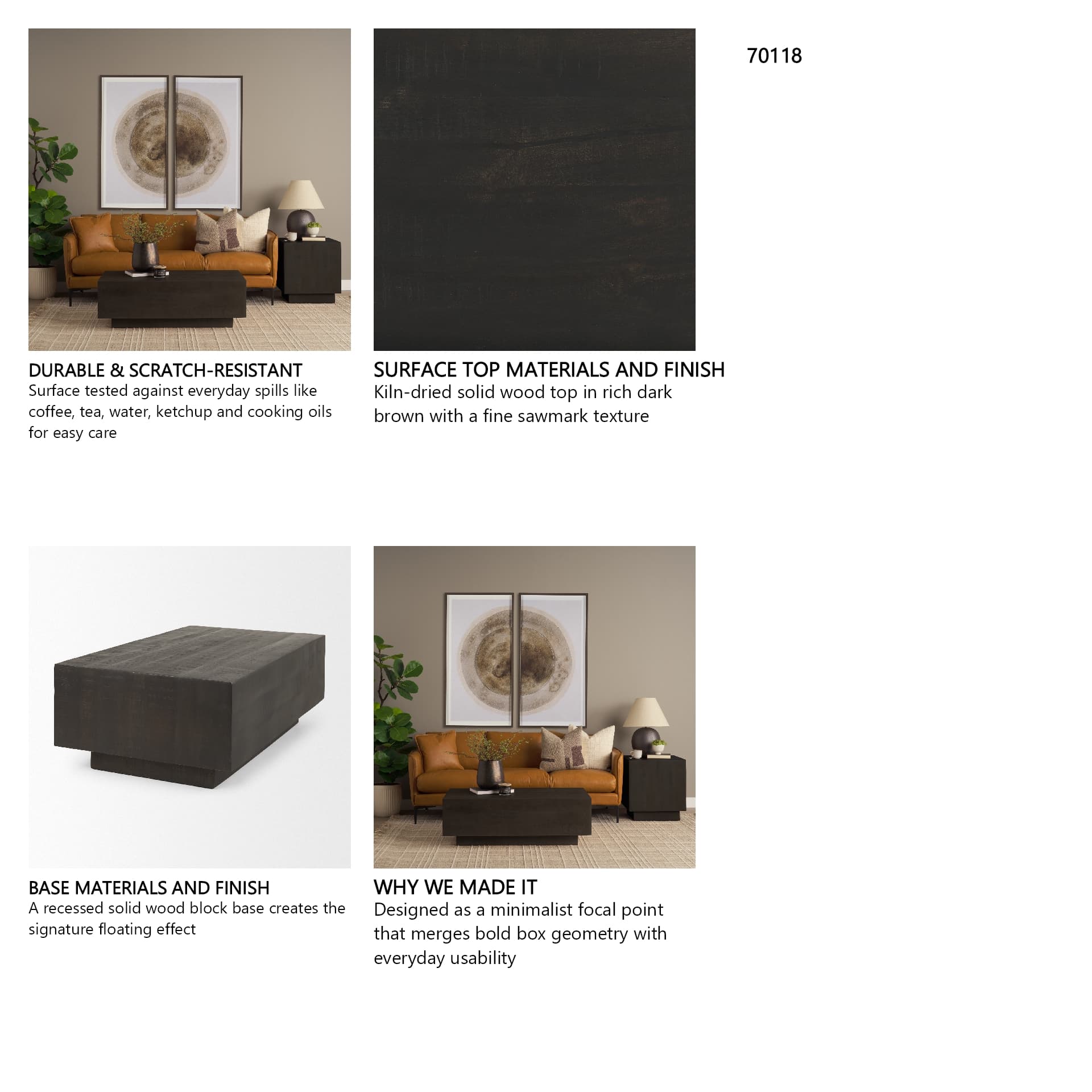Hayden Dark Brown Wood Rectangular Coffee Table — in a styled room