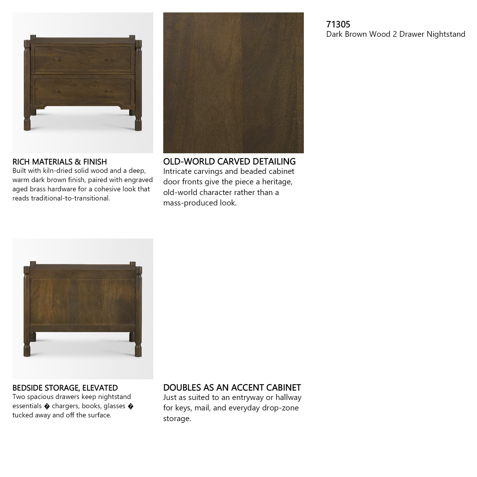 Phil Dark Brown Wood 2 Drawer Nightstand — in a styled room