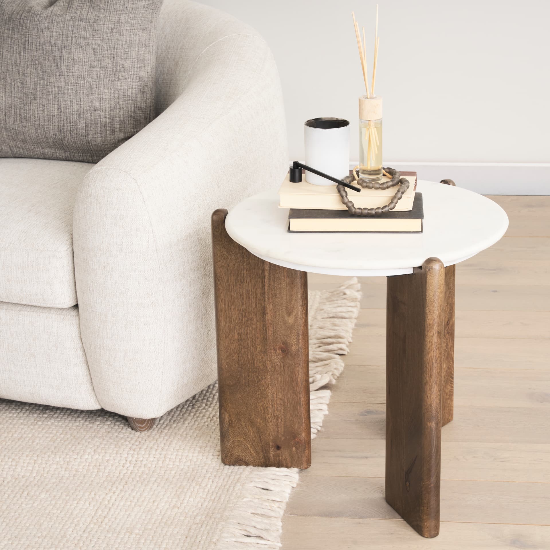 Rumer Dark Brown Wood w/ White Marble Side Table — product photograph