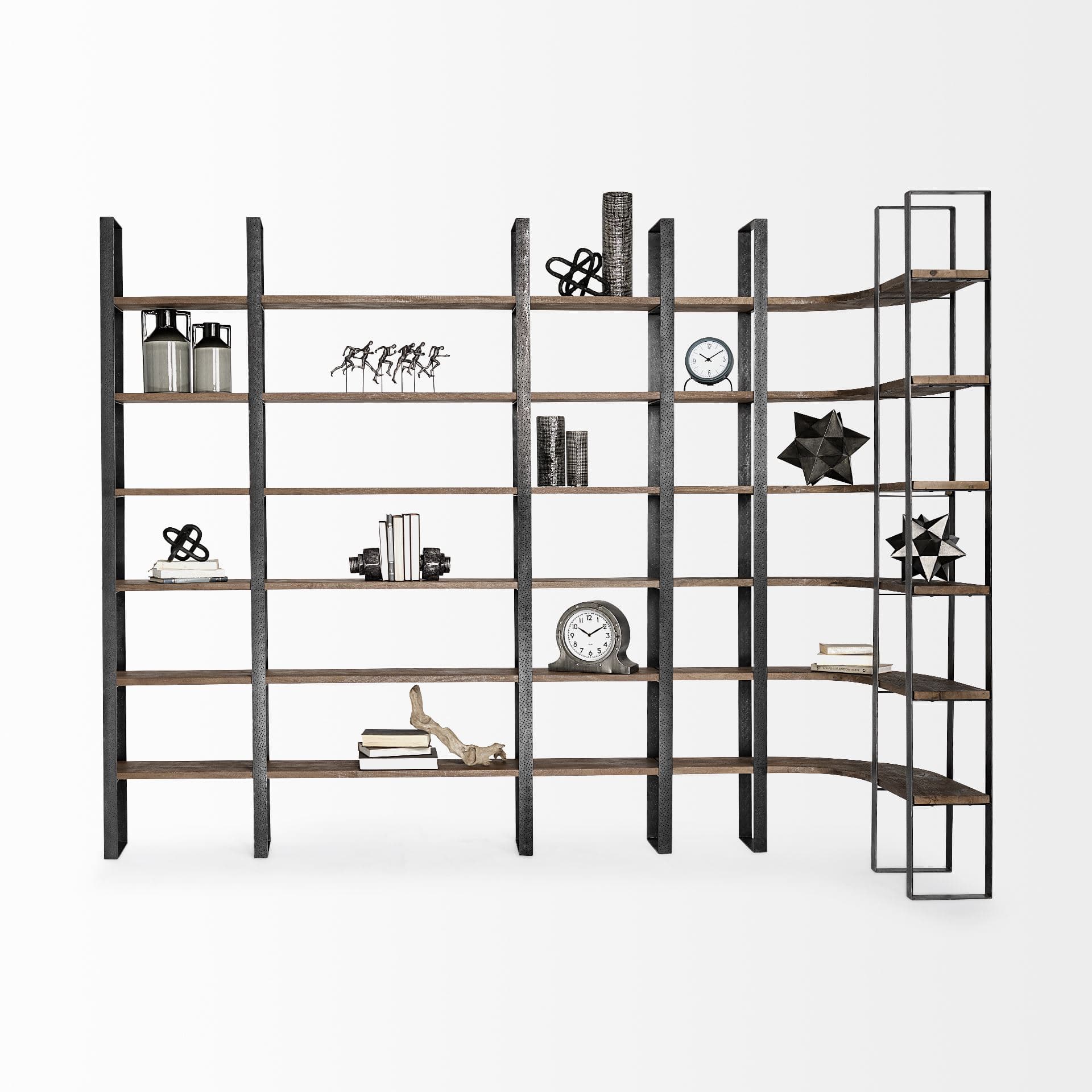 Taunton II 80L x 10.5W x 90H Dark Brown Wood And Black Iron Six Shelving Unit — product photograph