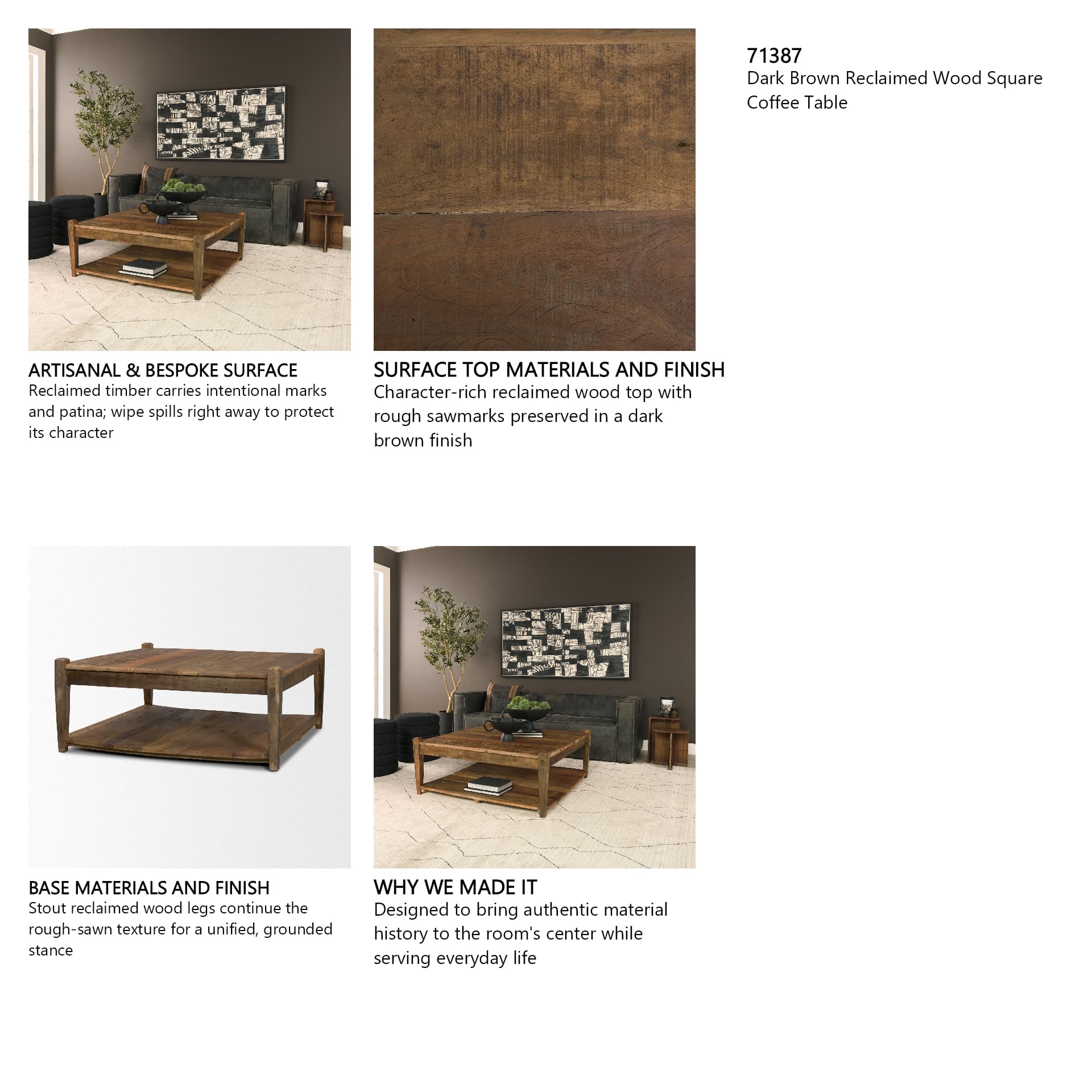 Ashwick Dark Brown Reclaimed Wood Square Coffee Table — product photograph