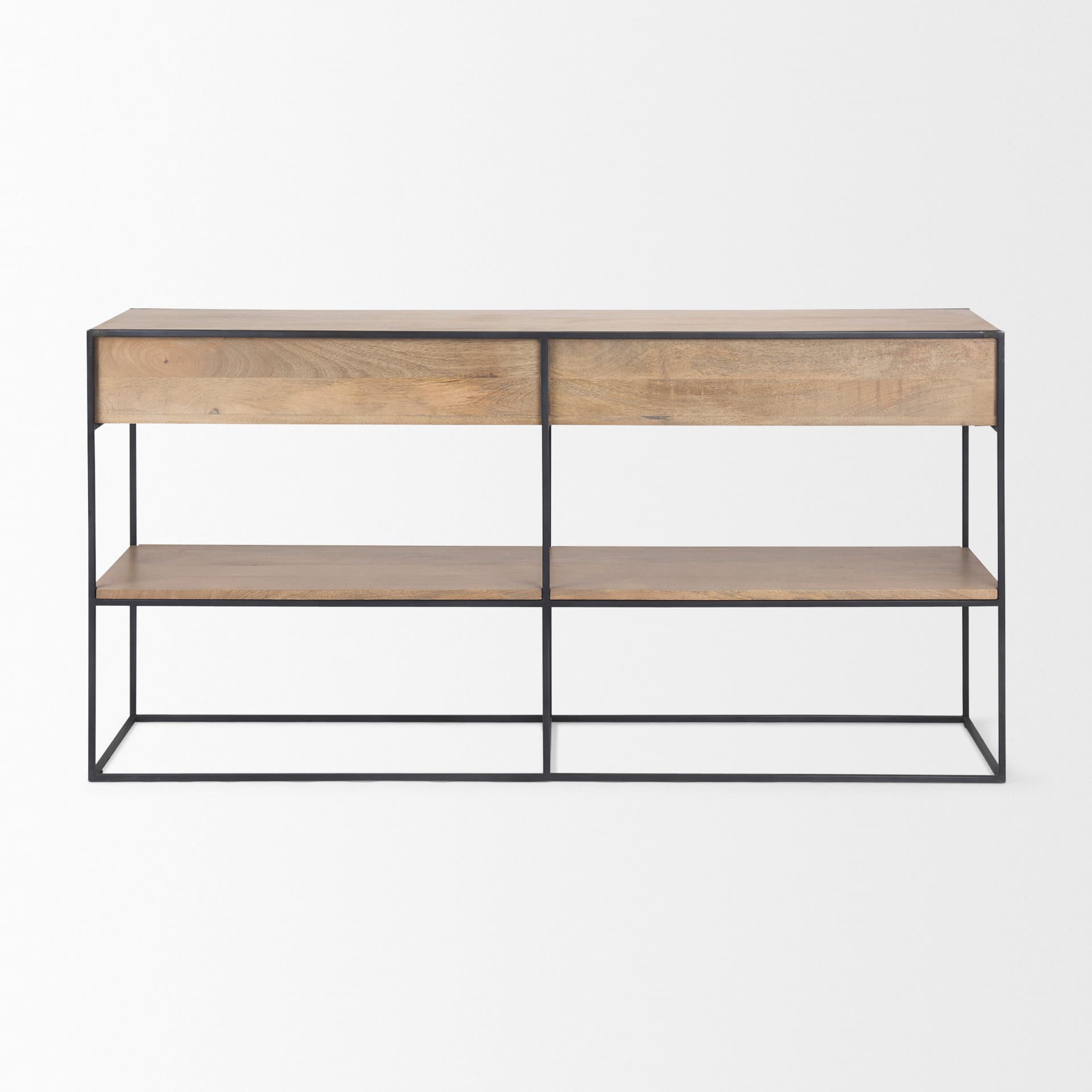 Morris 63.0L x 15.0W x 31.0H Beige Wood w/ Black Metal Frame 2 Drawer Console Table — product photograph