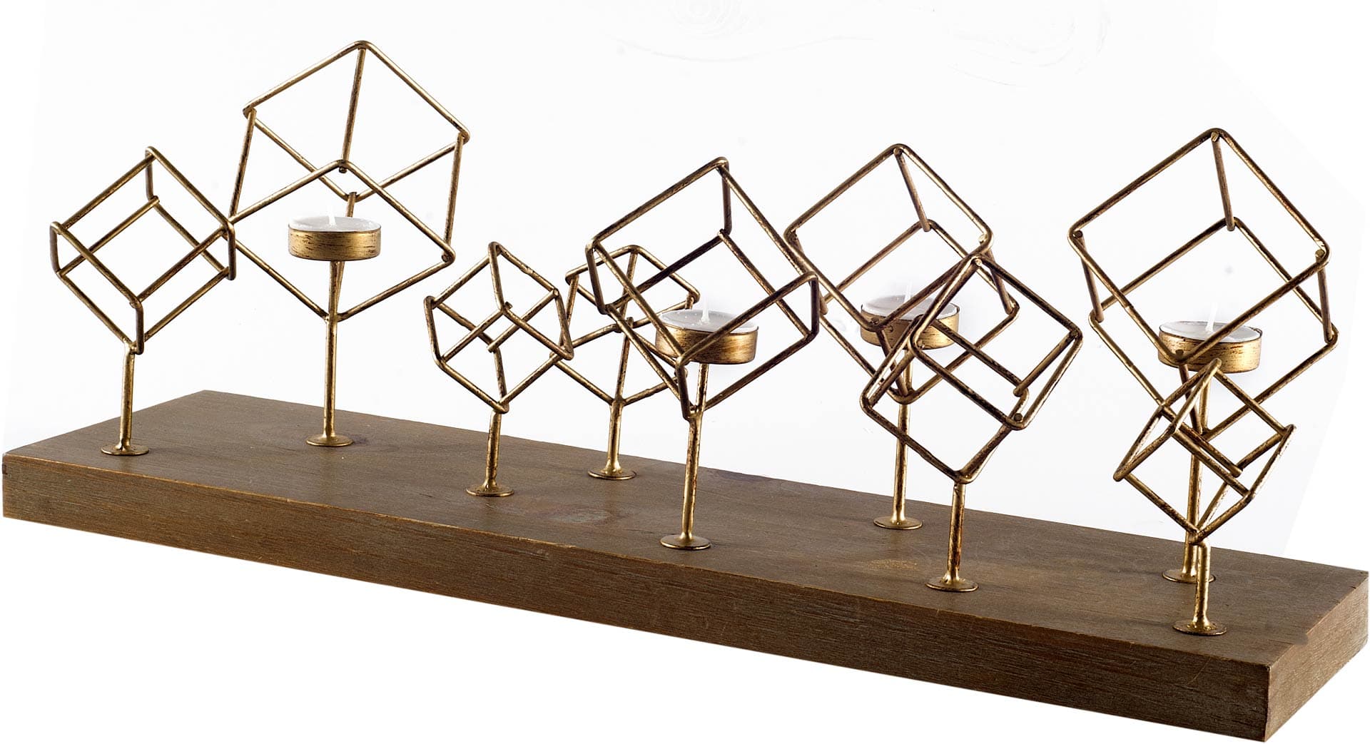 Salvador II Wood Base Brass Cube Tea Light Table Candle Holder — product photograph