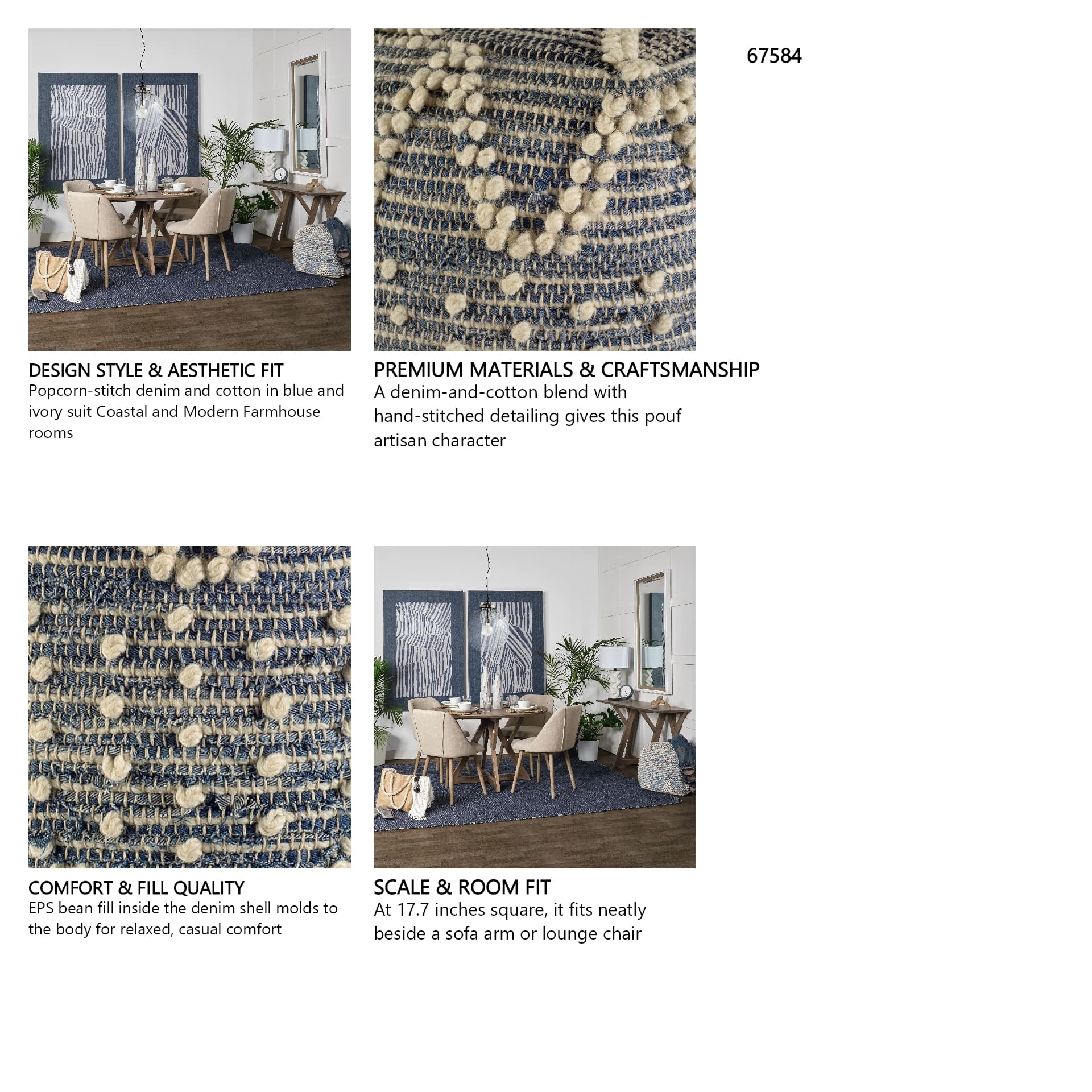 Rofi Blue Denim and Cream Cotton Stitched Square Pouf — in a styled room