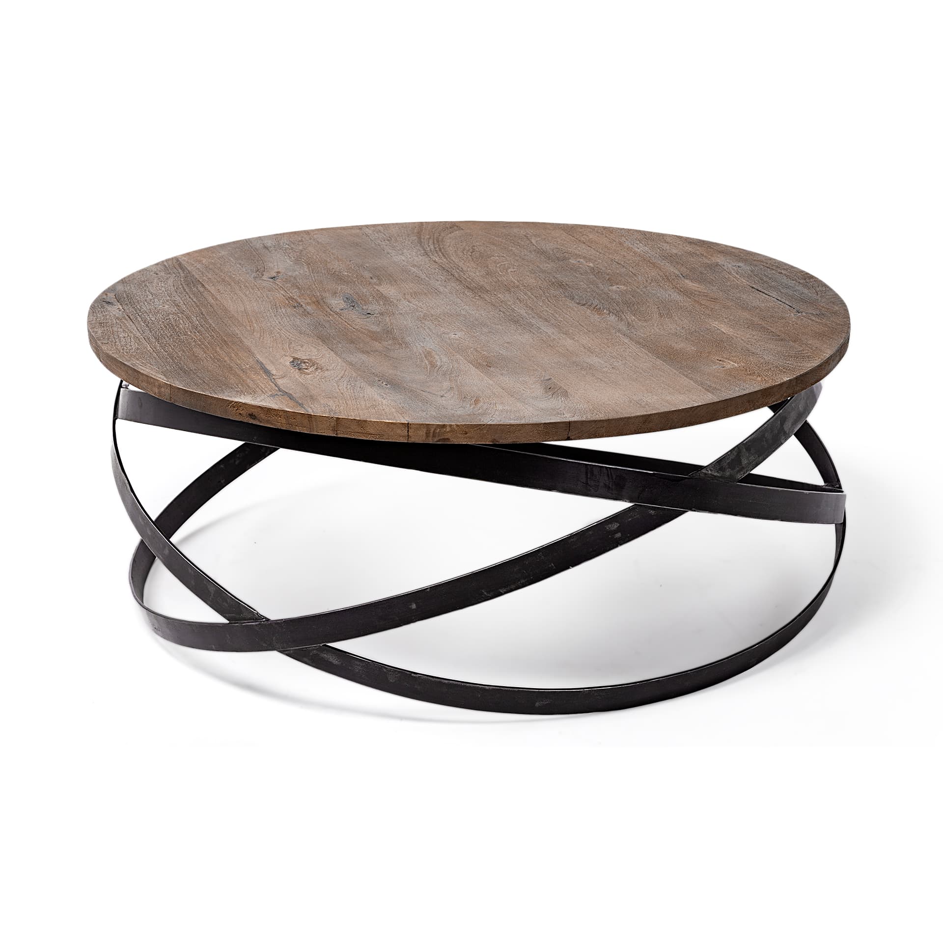Triumph 40" Round Brown Solid Wood Top Black Metal Base Coffee Table — product photograph