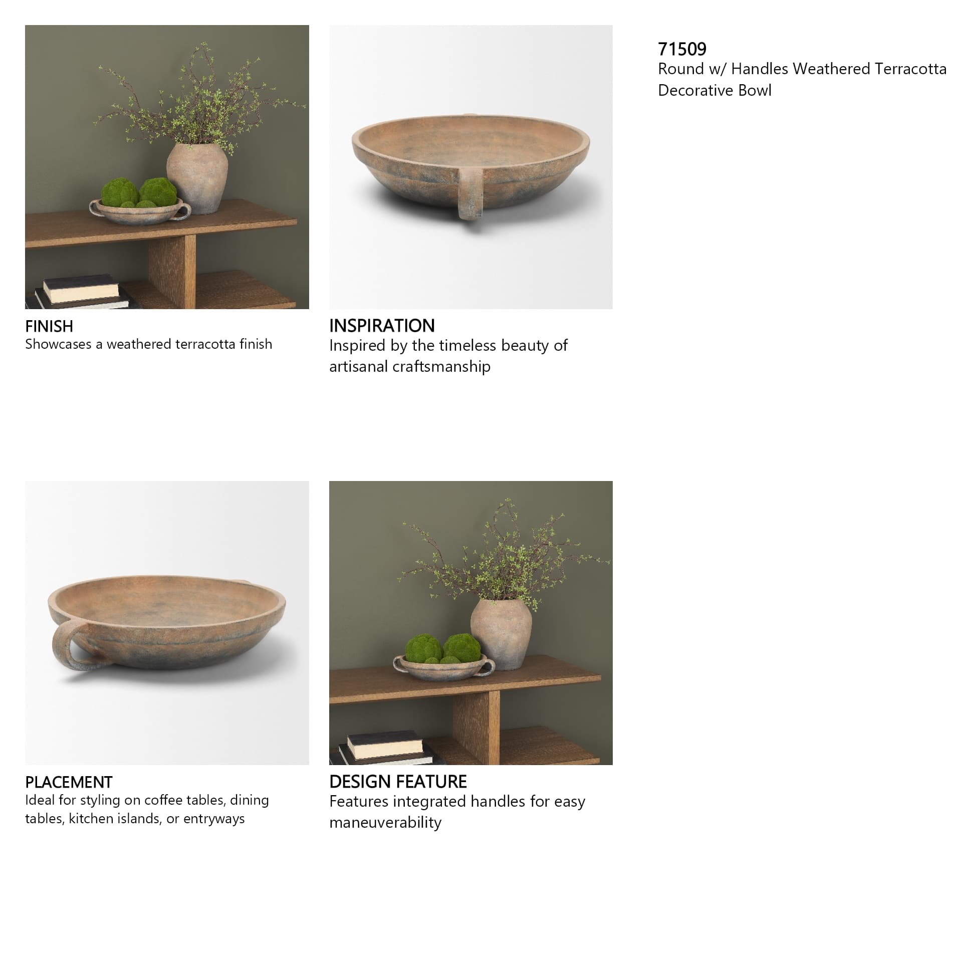 Cotto Round w/ Handles Weathered Terracotta Decorative Bowl — in a styled room