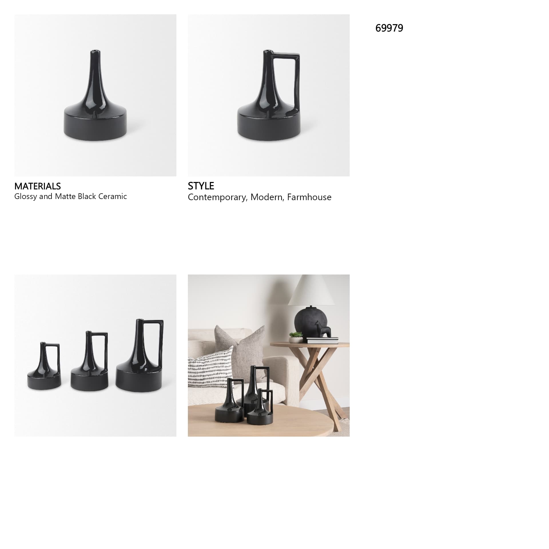 Burton 8.3H Small Glossy and Matte Black Ceramic Jug Vase — in a styled room