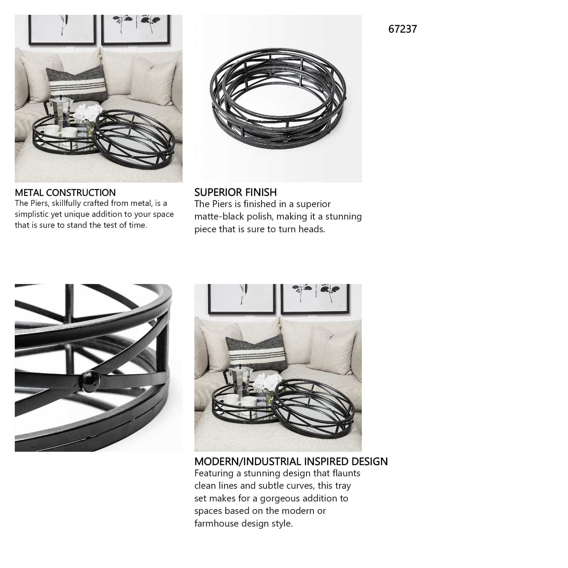 Piers (Set of 2) Black Metal Mirrored Round Trays — in a styled room