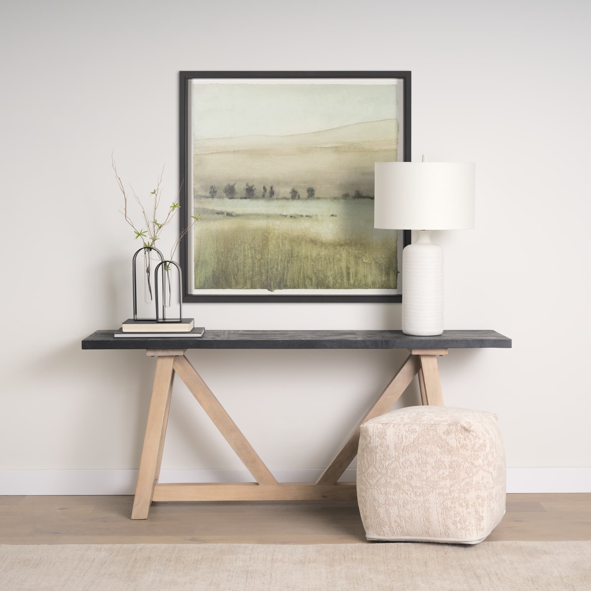 Rolling Fields II Hand Embellished Black Framed Watercolor Art Print on Paper Mounted with Backing — in a styled room