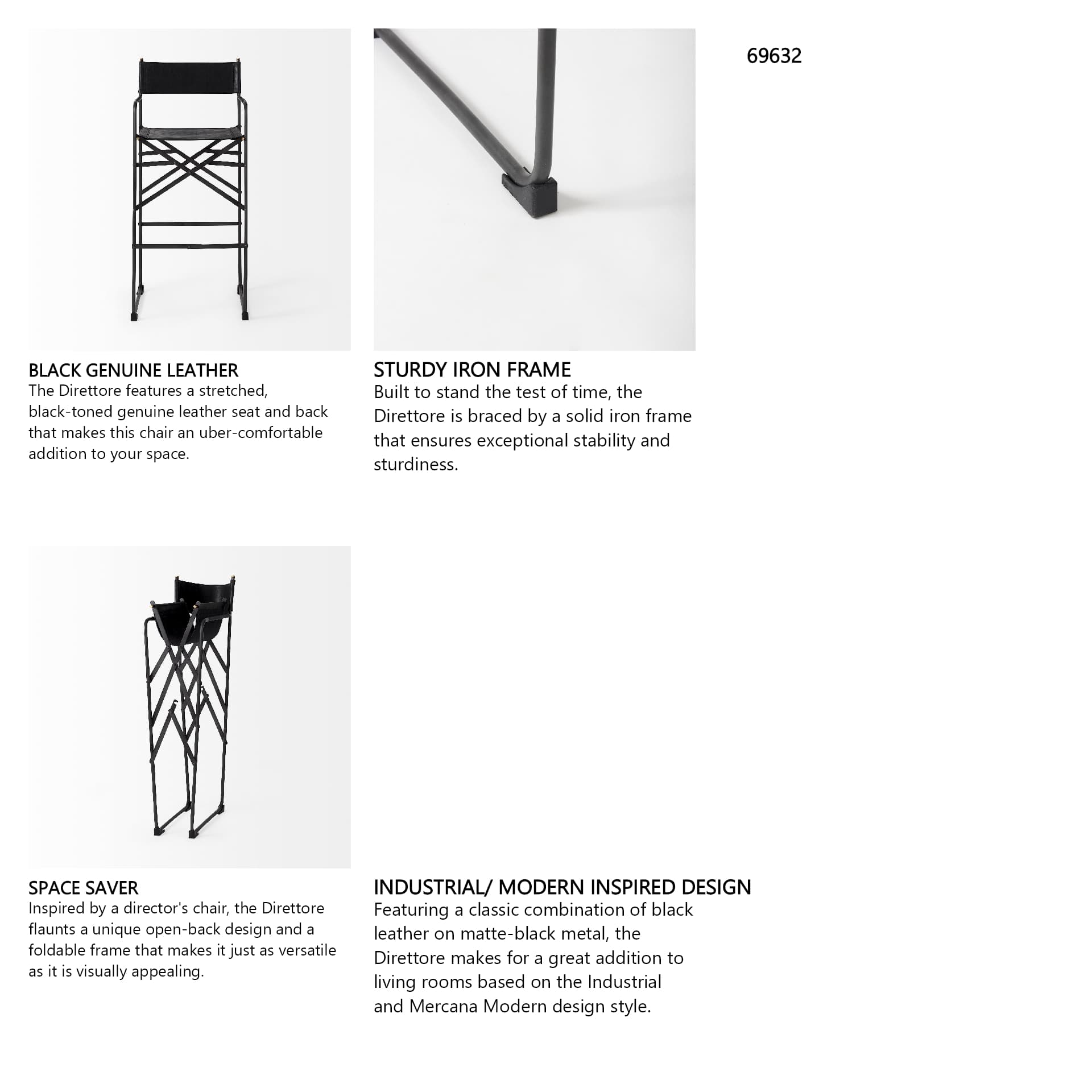 Direttore Backless 44.1in Seat Bar Stool | Black Leather w/ Black Iron — product photograph