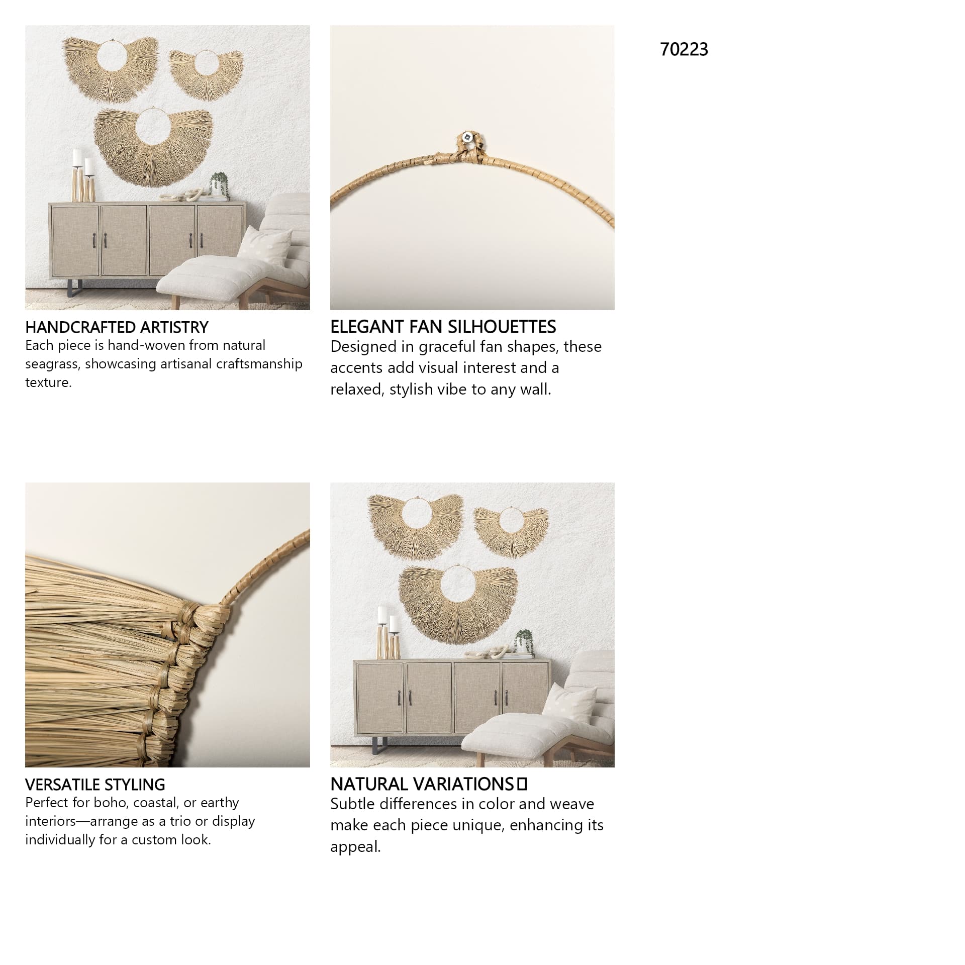Bayu Set of 3 Seagrass Boho Weave Fan Wall Decor — in a styled room