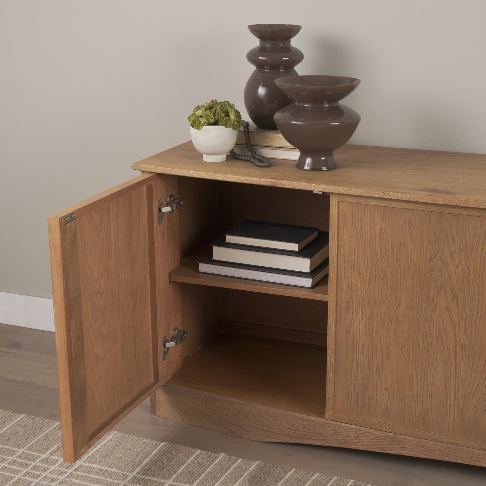 Carrington 82" 4 Door Closed Sideboard | Brown Oak Wood w/ Brass Hardware — product photograph
