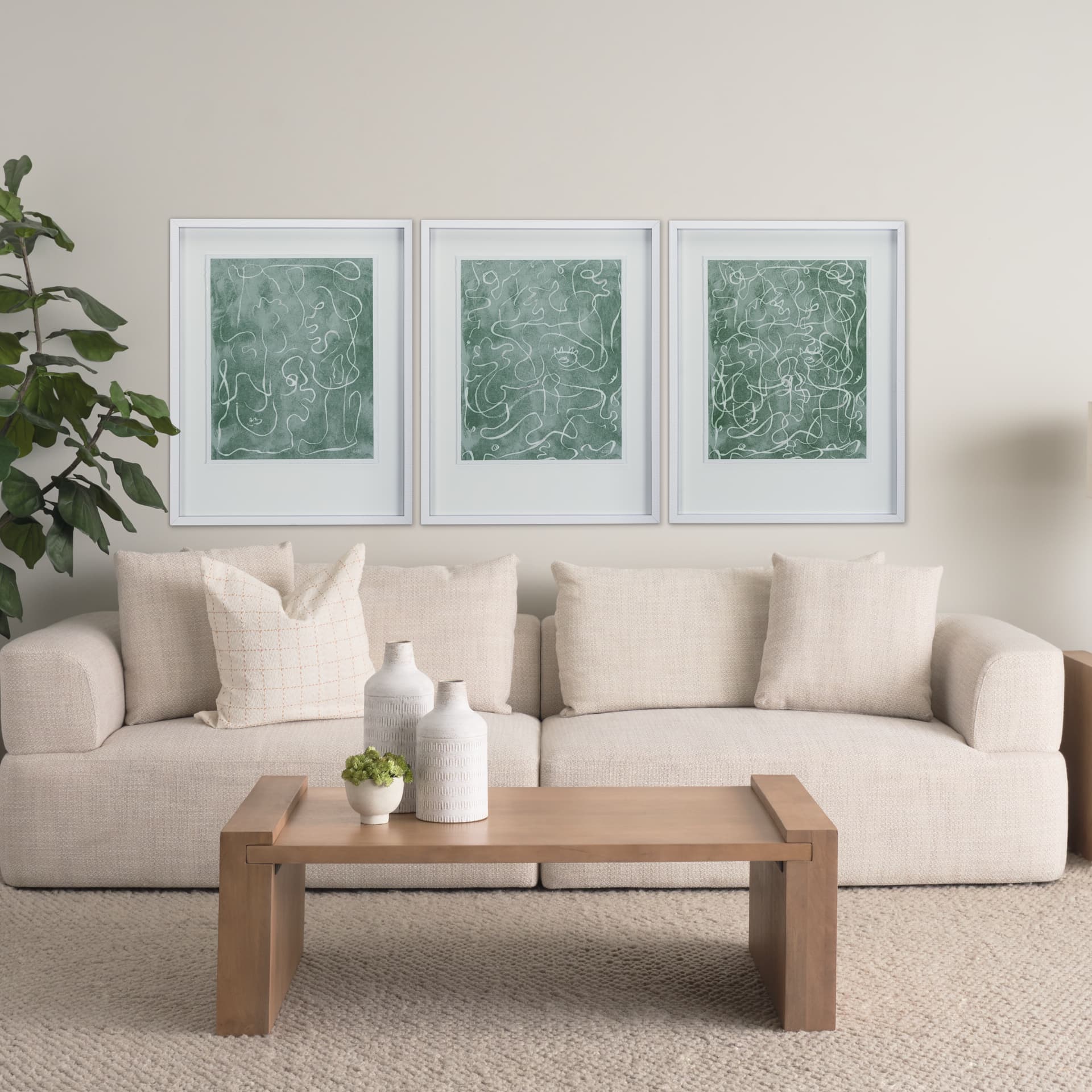Thread Green II by Mercana Studio a Hand Embellished Textured Framed Art Print Matted under Glass — in a styled room