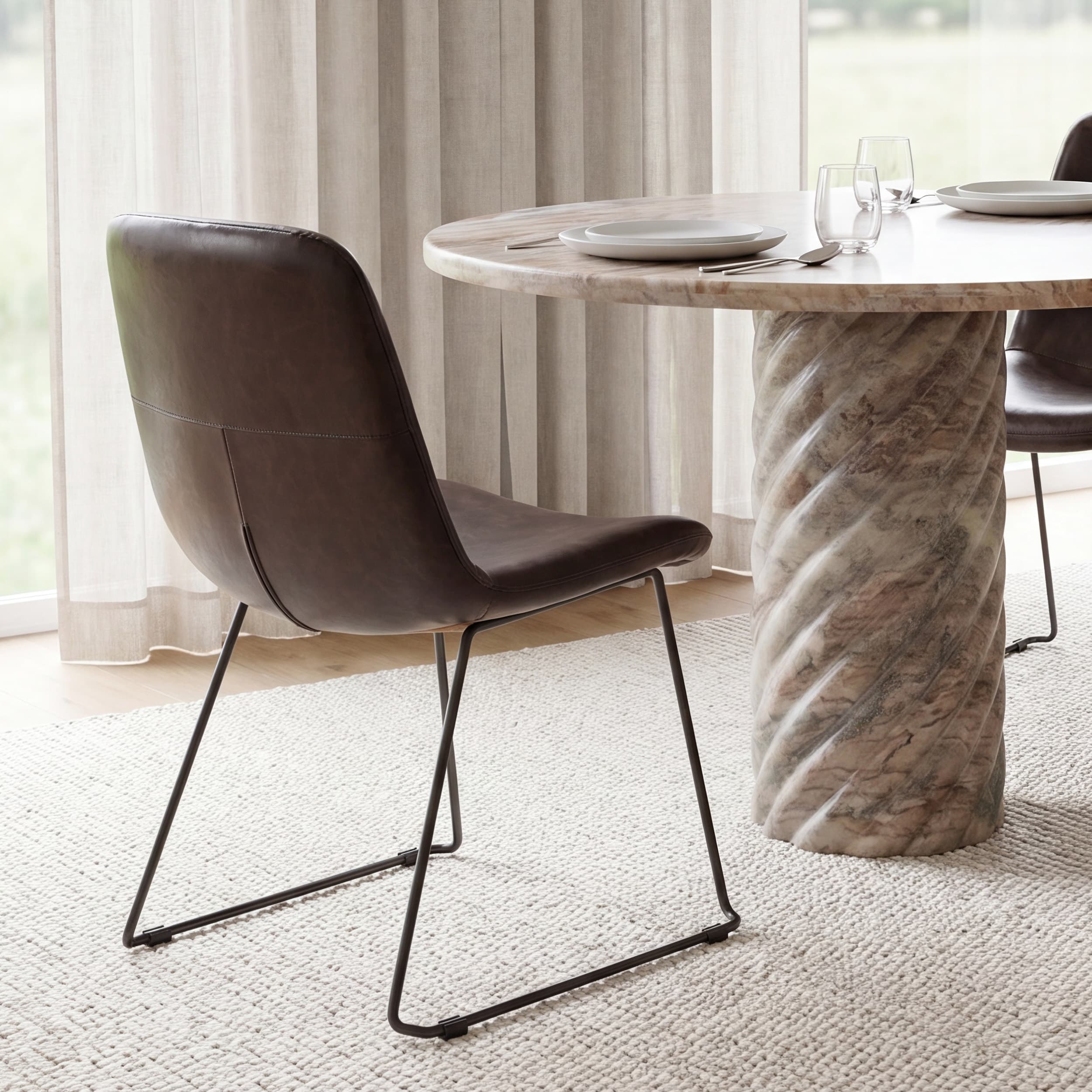 Sawyer Solid Back Dining Side Chair | Dark Brown Faux Leather w/ Iron — product photograph